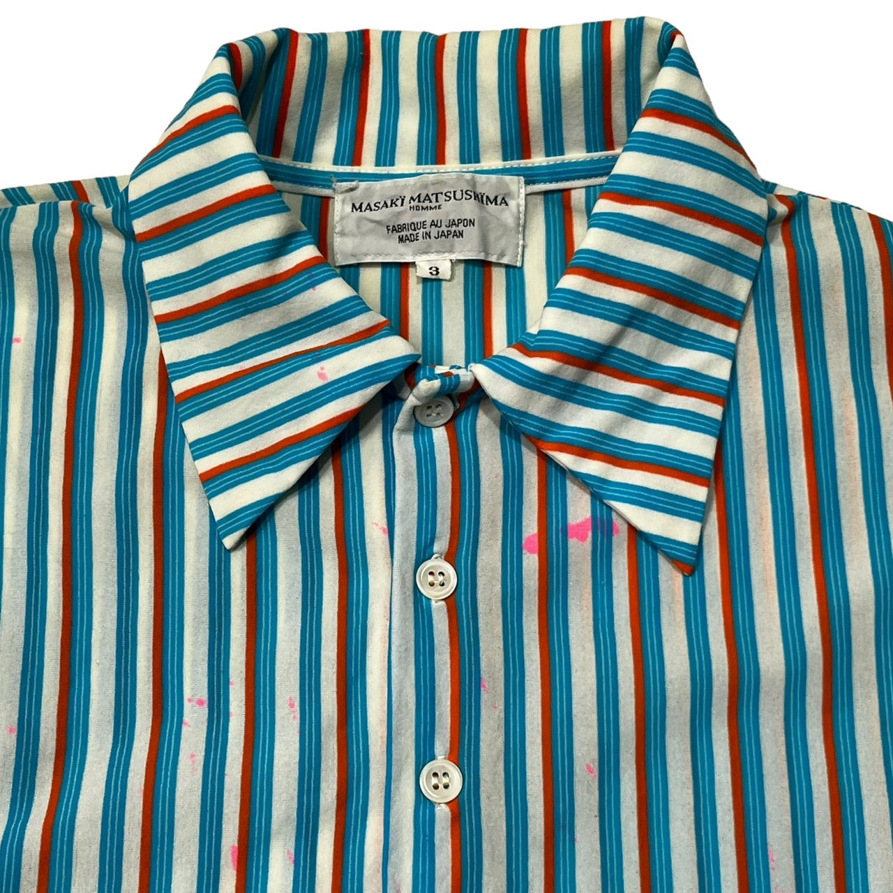 MASAKI MATSUSHIMA(マサキマツシマ) 00's Painted striped shirt ペンキ加工 ストレッチ ストライプシャツ 長袖 3(L程度) ホワイト×ブルー