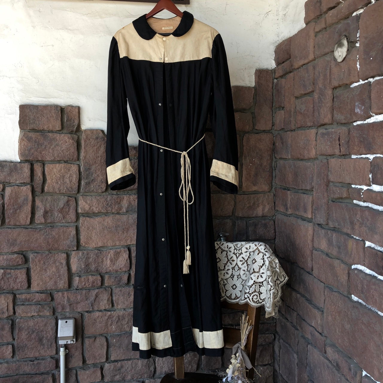 VINTAGE(ヴィンテージ) 1800~1900's切替リネンロングワンピース 表記なし(Lサイズ程度) ブラック Ark Bearer