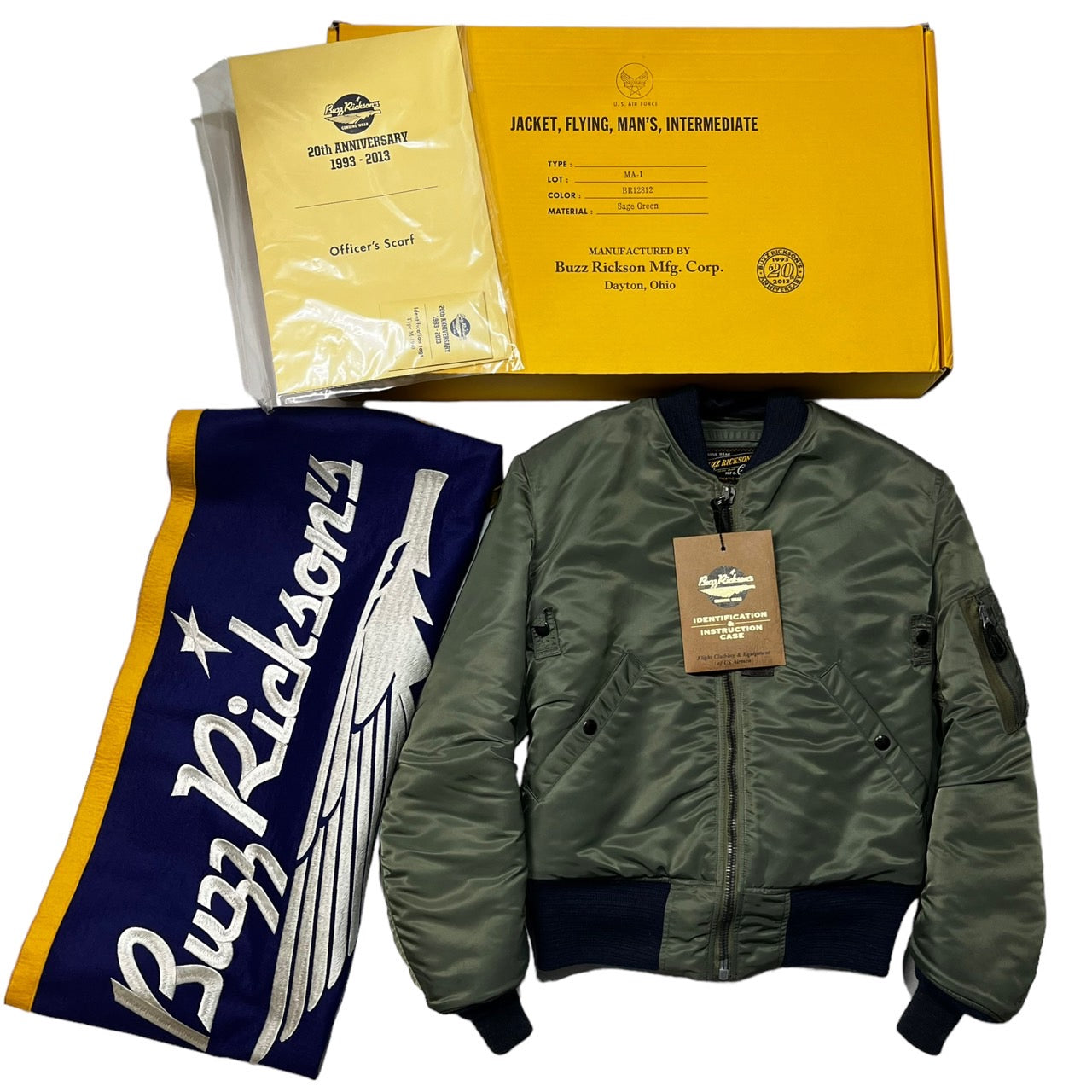 BUZZ RICKSON’S(バズリクソンズ) 20周年記念 TYPE MA-1 SLENDER/フライトジャケット BR12812 S セージグリーン/カーキ 青リブ/付属品完品/限定モデル