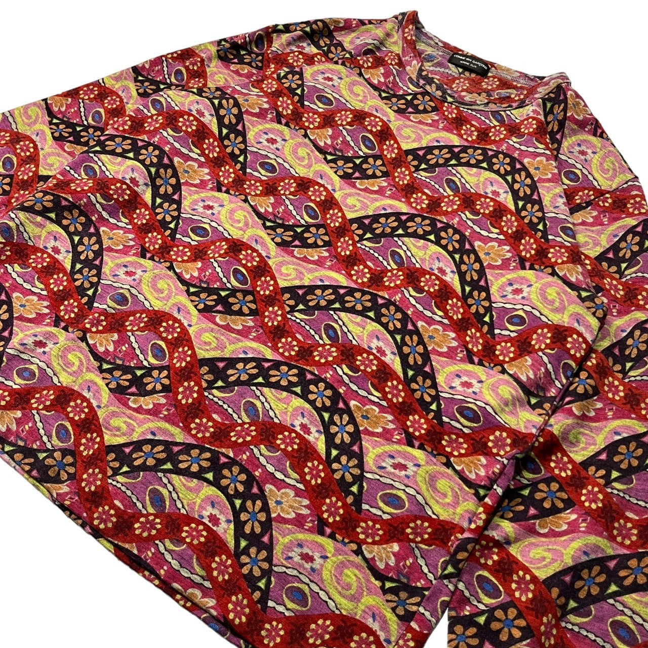 COMME des GARCONS HOMME PLUS(コムデギャルソンオムプリュス) 01AW Flower pattern wool cut and sew フラワー パターン ウール 長袖 カットソー Tシャツ PC-T025 表記無し(M~L程度) ピンク×レッド AD2001