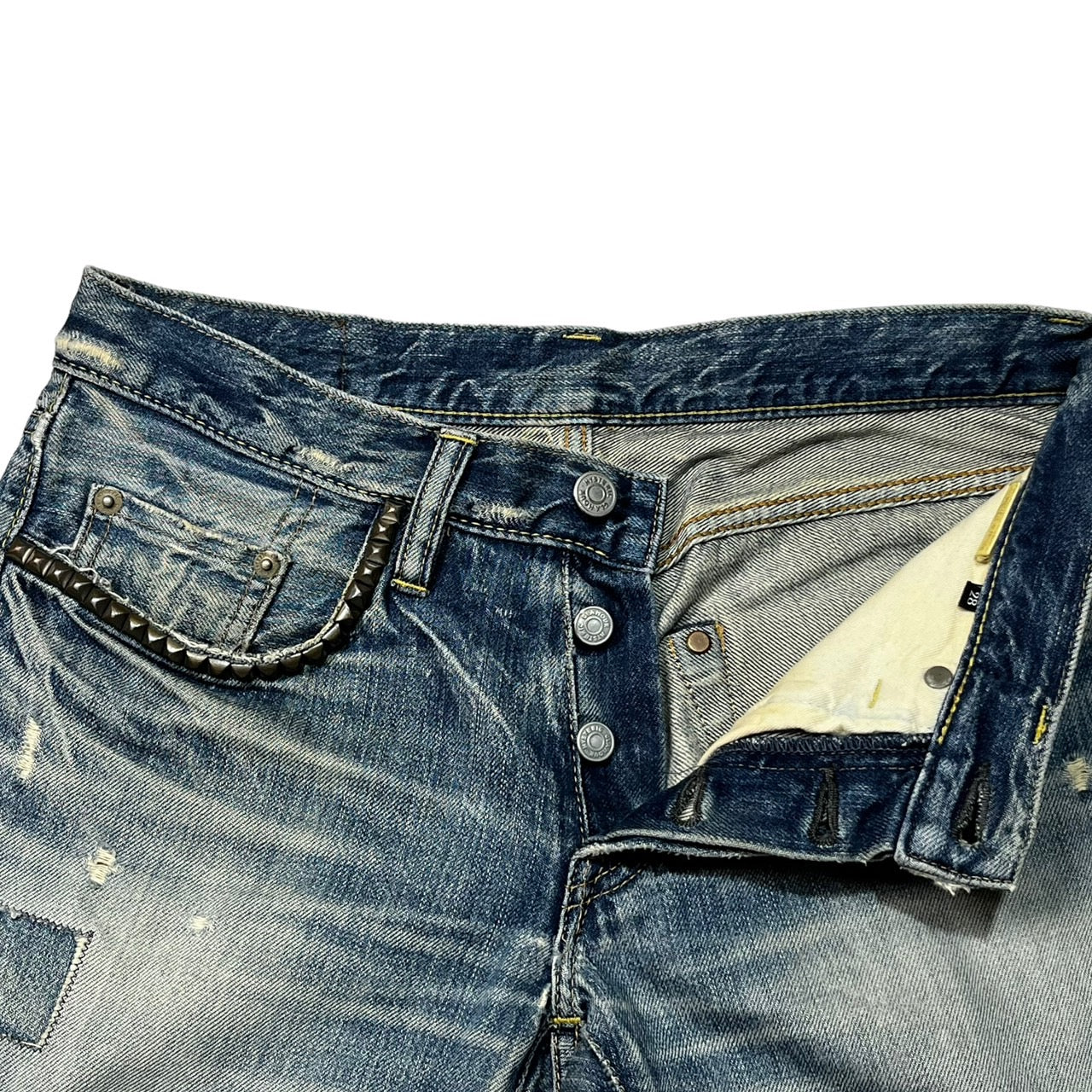 HYSTERIC GLAMOUR(ヒステリックグラマー) 00's スタッズUESD加工デニムパンツ/小窓/リペア加工 0292AP14 W28 インディゴ
