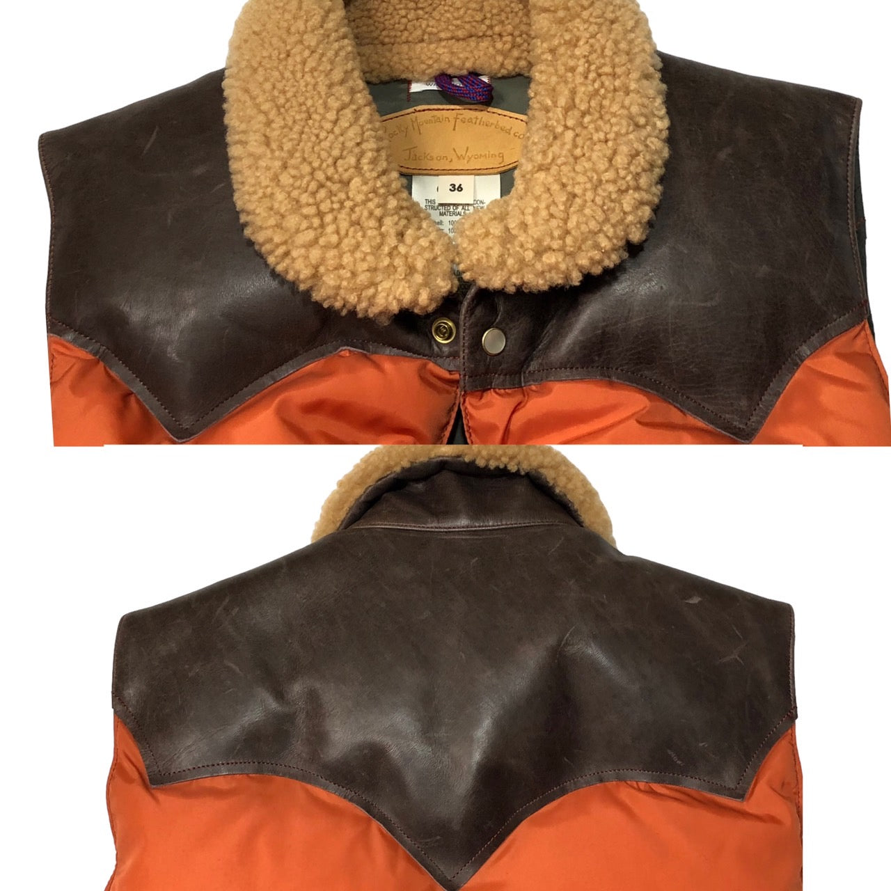 Rocky Mountain FeatherBed×WAREHOUSE(ロッキーマウンテンフェザーベッド×ウエアハウス) NYLON CHRISTY VEST/ナイロンクリスティーベスト/レザー切替ダウンベスト 450-492-72 36(S程度) ブラウン×オレンジ 限定モデル/Lot 2198