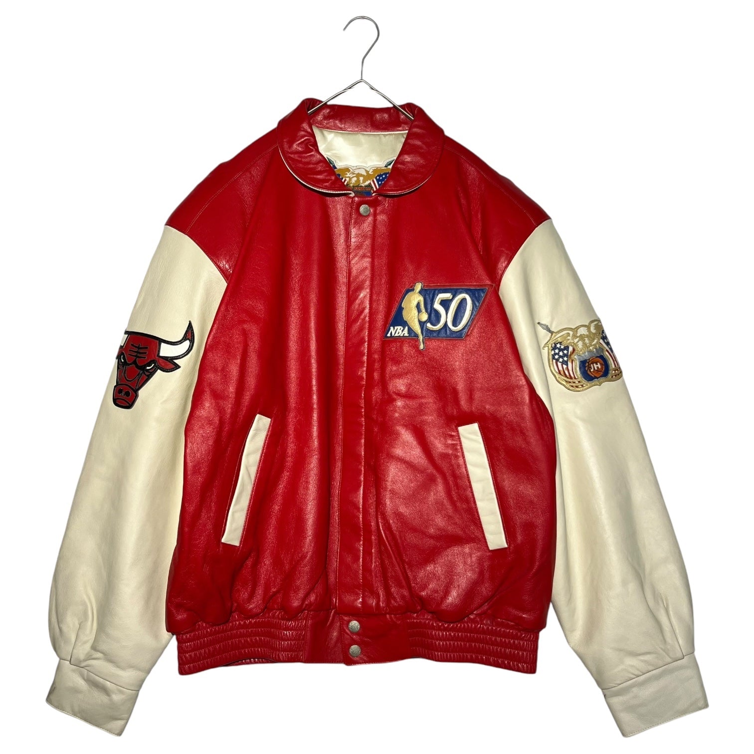 Jeff Hamilton(ジェフハミルトン) 1996 "NBA 50" BULLS Leather LIMITED EDITION JACKET ブルズ レザー スタジアム ジャケット L レッド×ホワイト 90's 90年代 スタジャン 90年代 マイケル ジョーダン ジェフハミルトンサイン入り