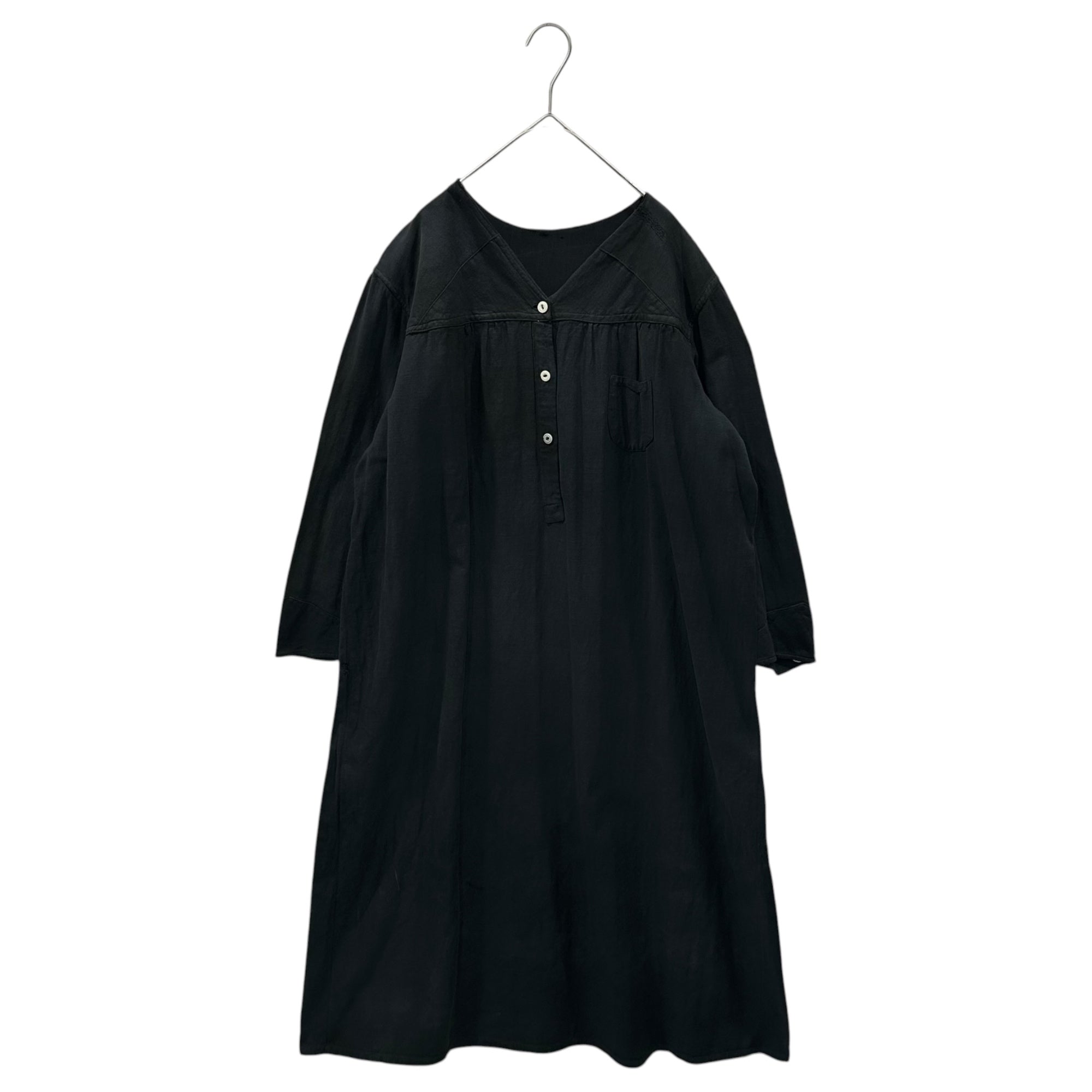 Euro vintage(ヨーロッパヴィンテージ) 30’~40's small pocket and v-neck cotton nighty/dress 表記無し(Lサイズ程度) ブラック/後染め加工 所々に染み/リペア跡あり