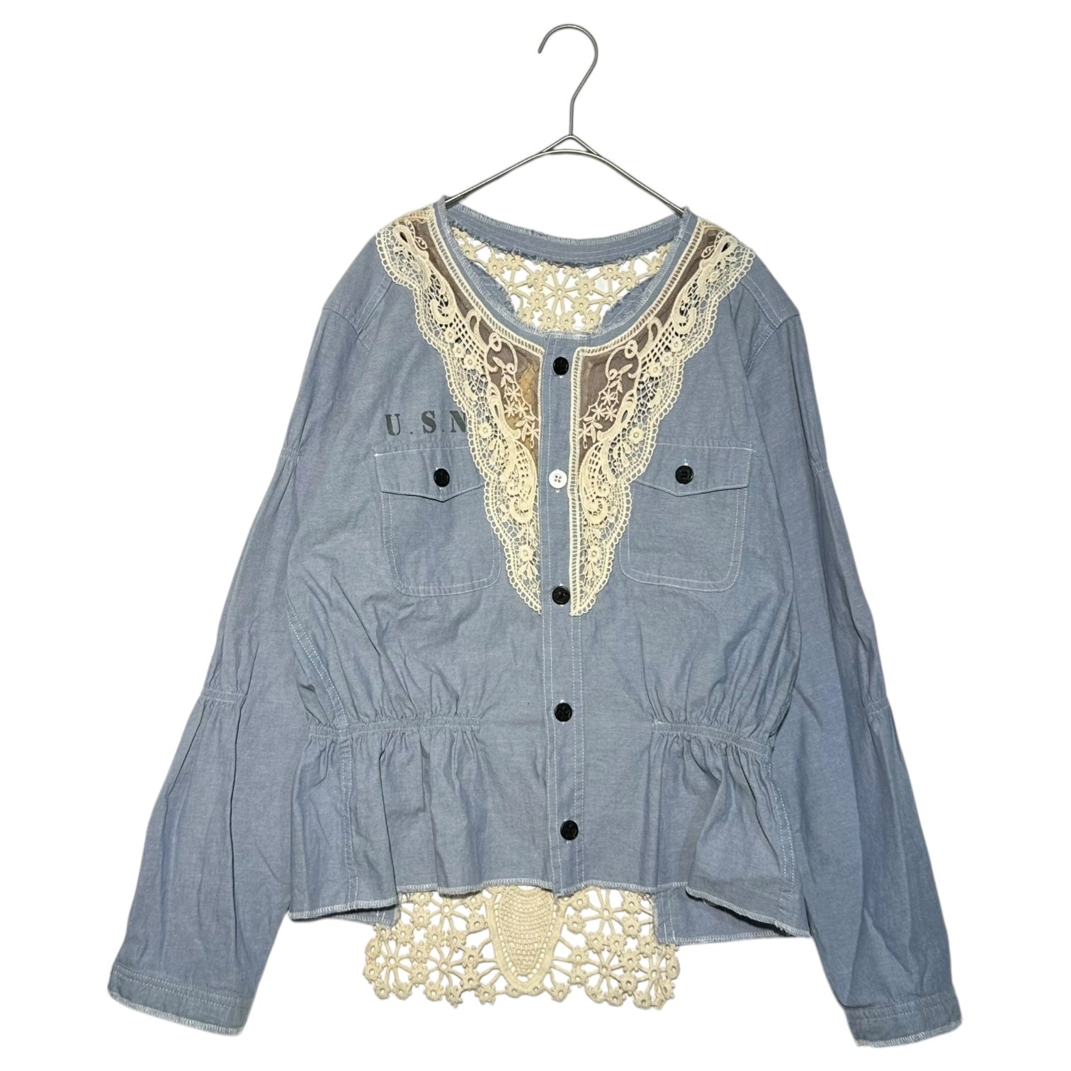 RehersalL(リハーズオール) US Navy vintage shirt remade with lace embellishments US NAVY 古着シャツリメイク レース装飾 シャツ FREE ブルー×アイボリー