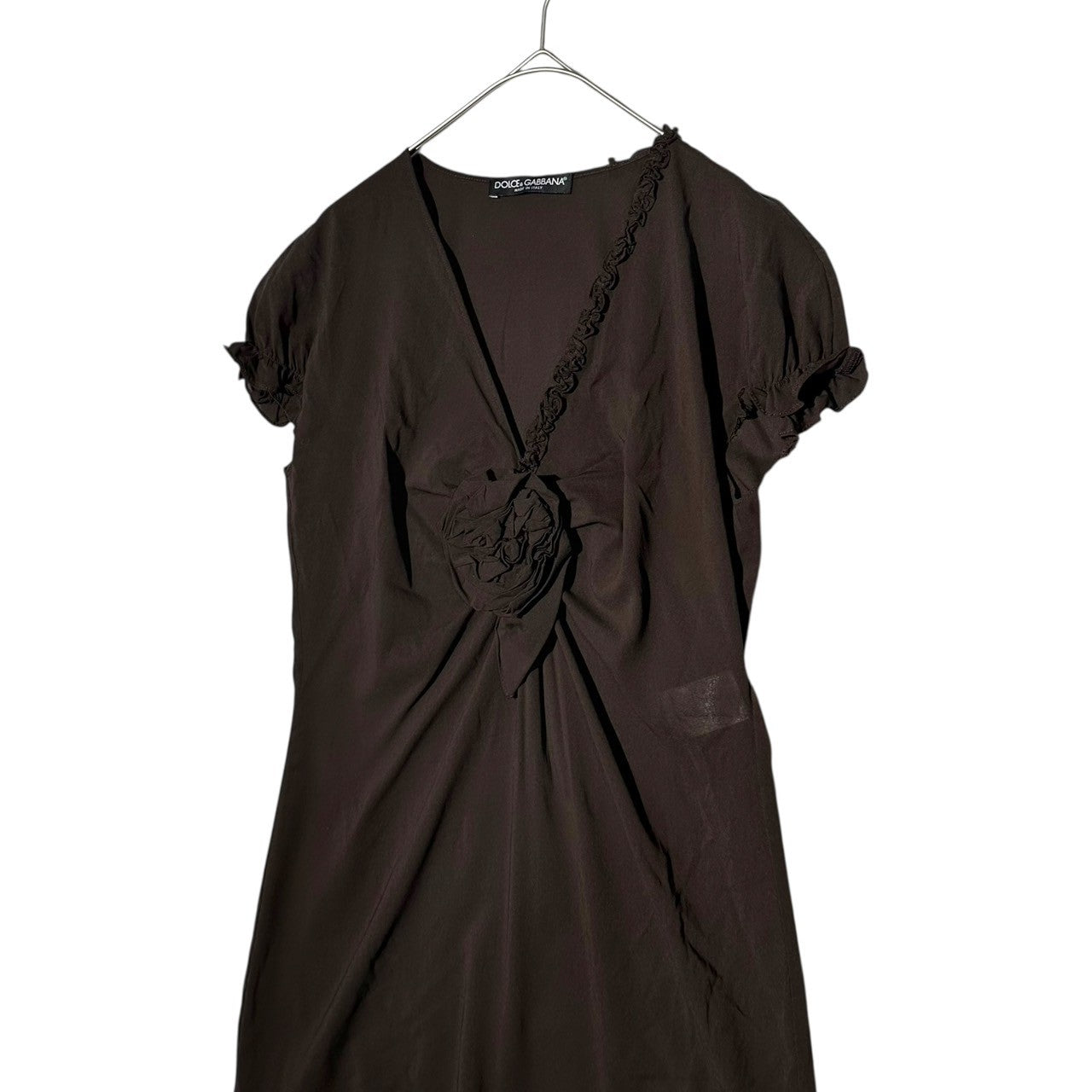 D&G(ディー&ジードルガバドルチェ&ガッバーナ) 02AW Flower Motif V-Neck Silk Short-Sleeved Blouse フラワーモチーフ Vネック シルク 半袖 ブラウス ETO2R UAAG 38(M) ブラウン