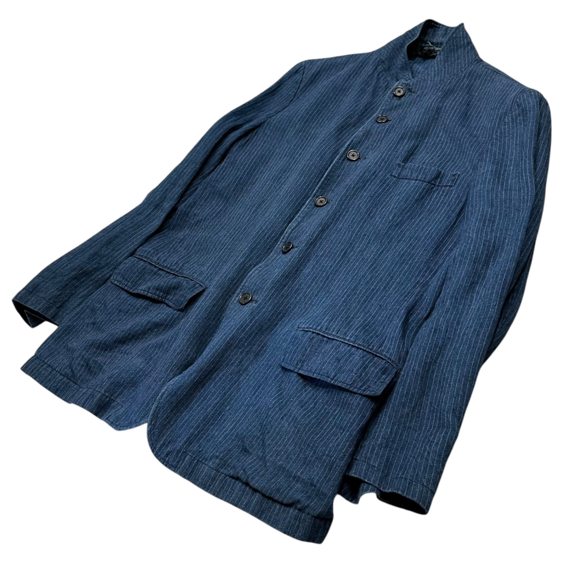 YOHJI YAMAMOTO POUR HOMME(ヨウジヤマモトプールオム) Indigo-Dyed Stand-Collar Striped Linen Jacket インディゴ染め スタンドカラー ストライプ リネン ジャケット 3(L程度) インディゴ×ホワイト タグ取れ