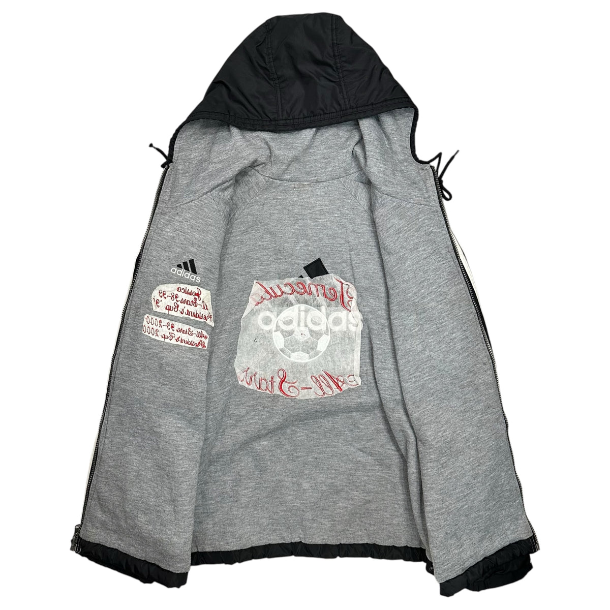 adidas(アディダス) 1990's Padded jacket 刺繍 フーデッド パテッド ジャケット US S(XL程度) ブラック 90年代 万国旗タグ