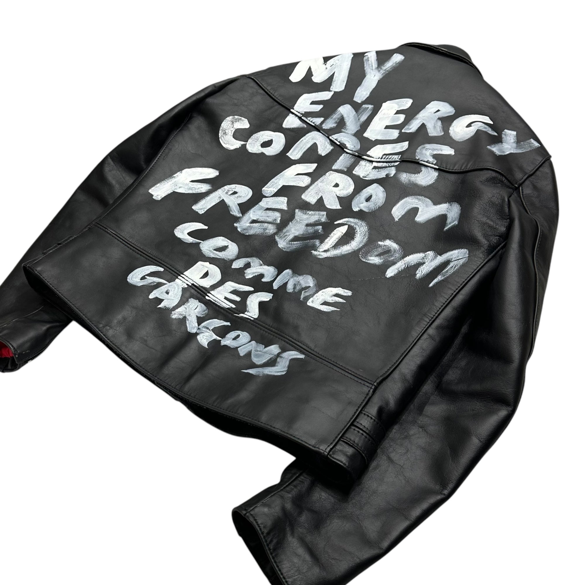 COMME des GARCONS×LEWIS Leathers(コムデギャルソン×ルイスレザー) 2024AW 青山店限定 ”MY ENERGY FROM FREEDOM” LIGHTNING ライトニング ダブル ライダース ジャケット KZ-J017 44 ブラック AD2024 カウハイド レザー ペイント スレ加工