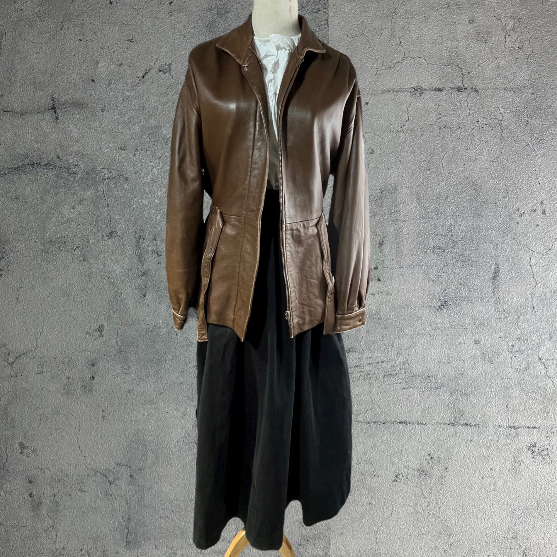 Euro vintage(ヨーロッパヴィンテージ) brown leather front ribbon design jacket フロントリボン付きブラウンレザージャケット 表記無し(M~L程度) ブラウン