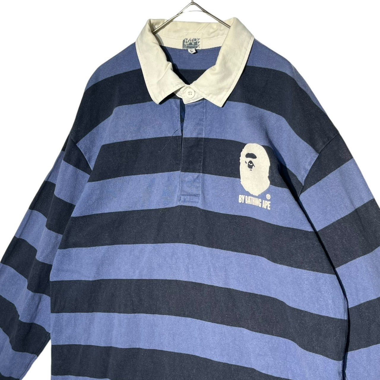 BAPE BY A BATHING APE(ベイプ バイ ア ベイシングエイプ) 00's One point logo border long sleeve rugby shirt ワンポイント ロゴ ボーダー 長袖 ラグビーシャツ ラガーシャツ 猿 L ブルー