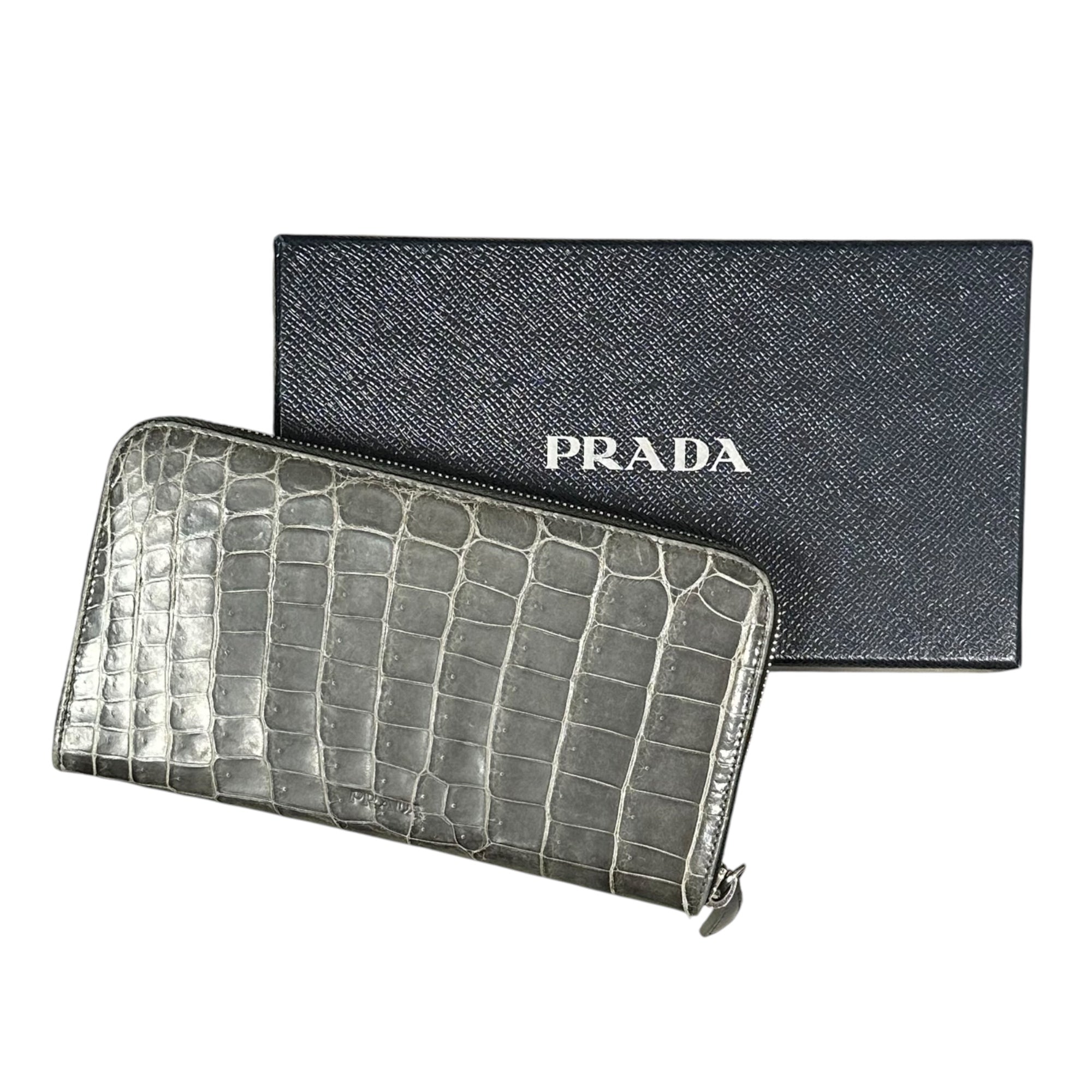 PRADA(プラダ) Round-Zip Long Wallet - Crocodile ラウンドジップ ロング ウォレット クロコダイル グレー 長財布 エキゾチック レザー