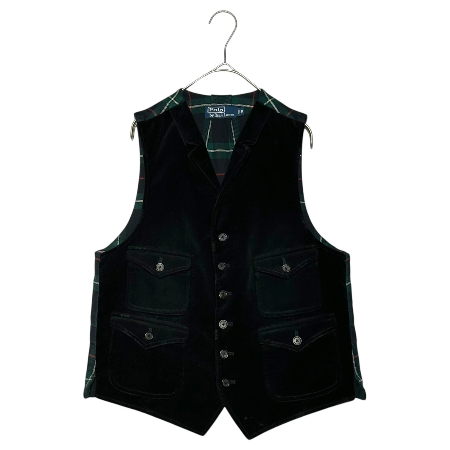 POLO RALPH LAUREN(ポロラルフローレン) 90's~00's Velour Tartan Check Gilet ベロア タータン チェック ジレ JR-RL-LW-3241 M ブラック×グリーン 90年代～ ヴィンテージ ベスト
