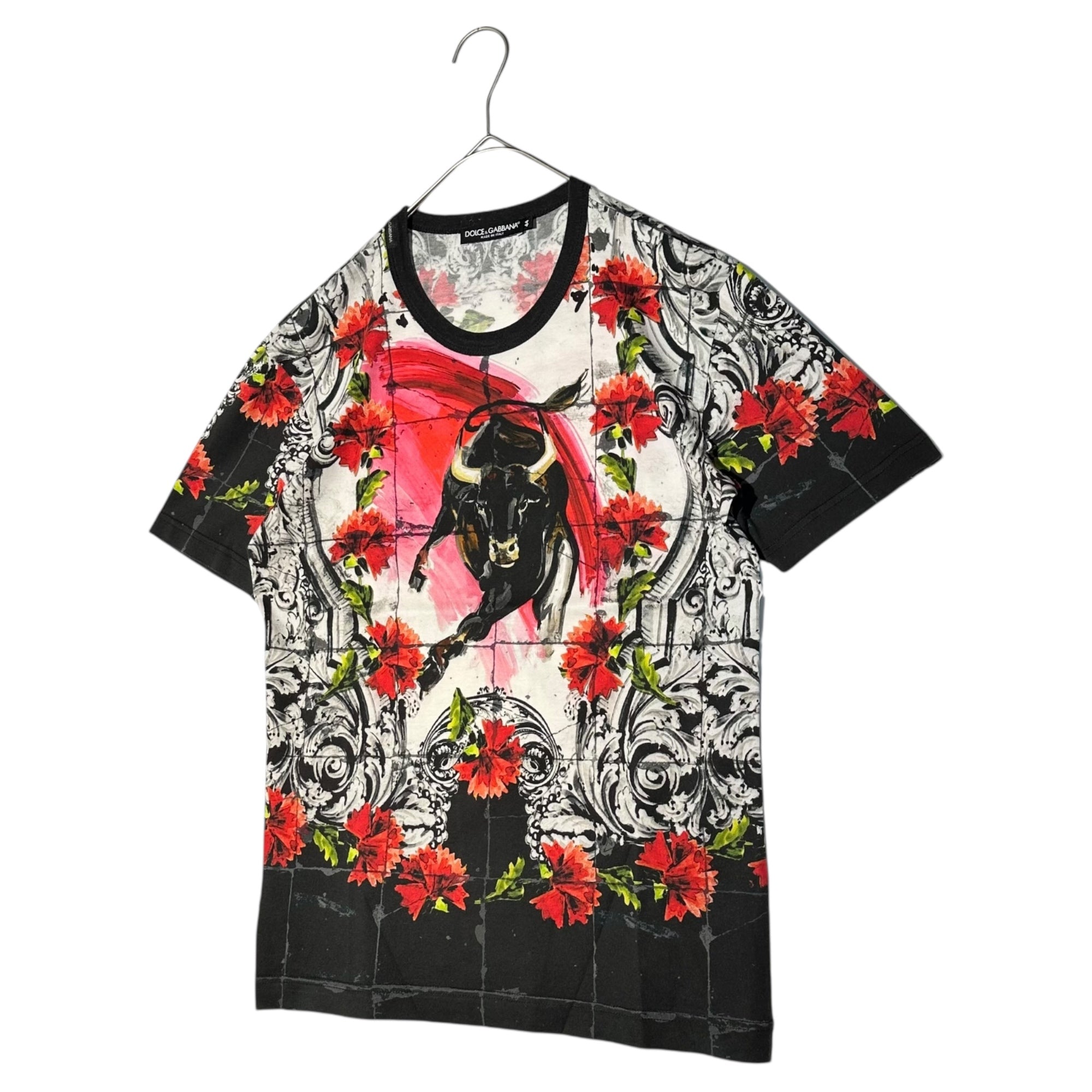 DOLCE&GABBANA(ドルチェ&ガッバーナドルガバ) Flower & Bull Graphic T-Shirt フラワー＆ブル グラフィック Tシャツ G8FE9T G7DKH 44(XS程度) ホワイト×レッド 花 牛