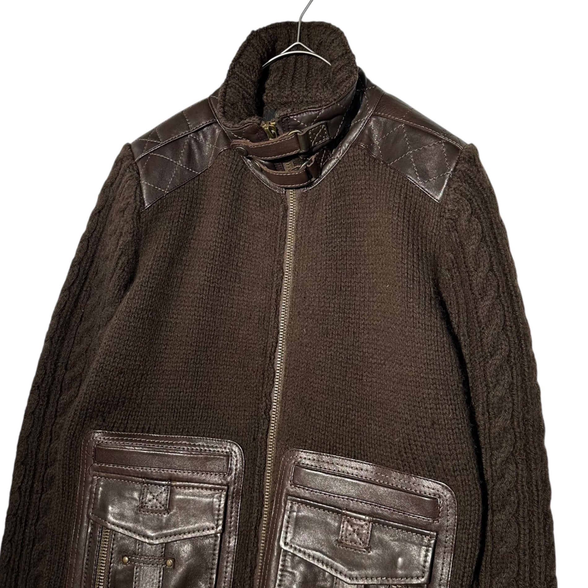 D&G(ディー&ジードルガバドルチェ&ガッバーナ) Leather Pocket Zip-Up Knit Jacket レザー ポケット ジップアップ ニット ジャケット RK0416 SK702 L ブラウン