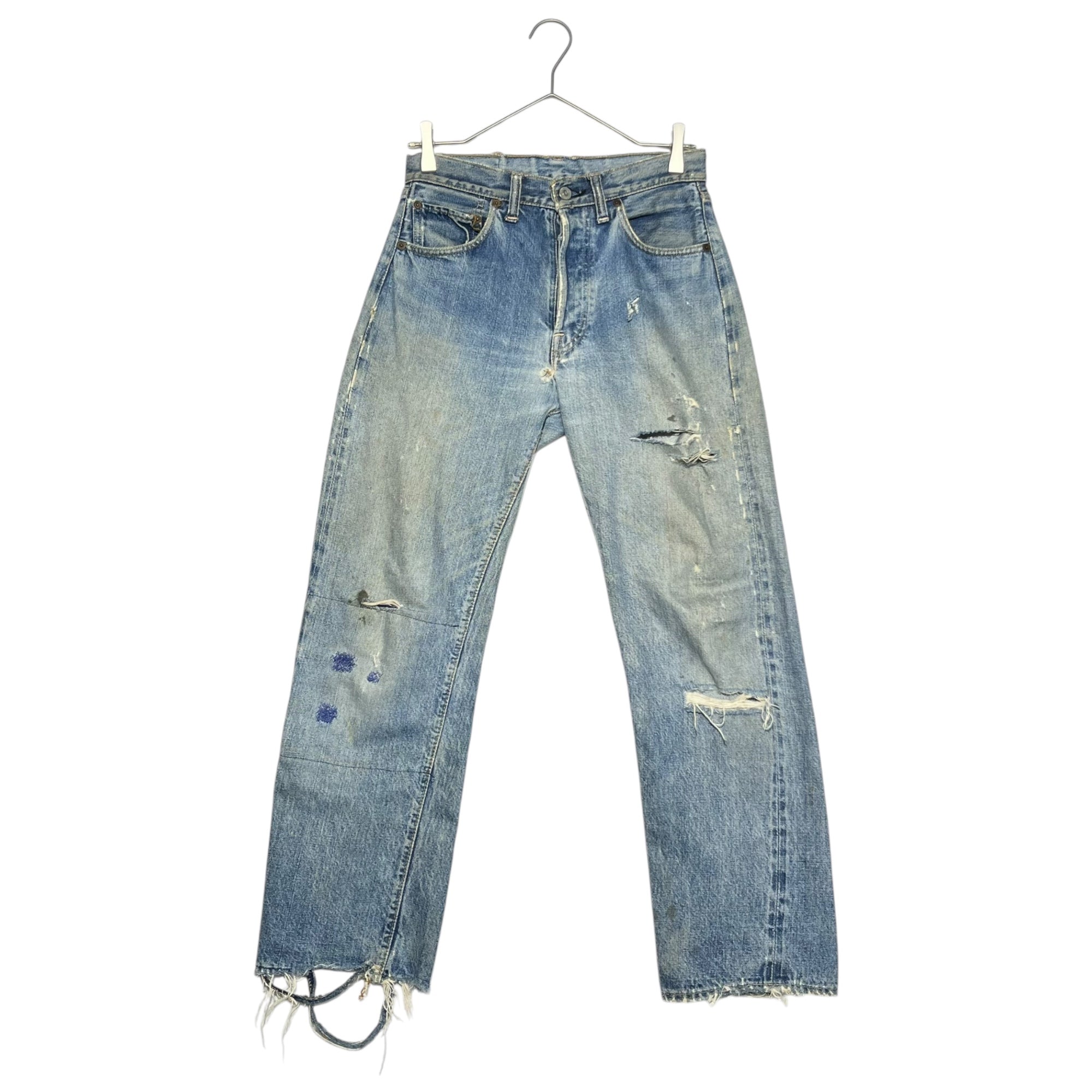 Levi's(リーバイス) 70's BIG E ~ 66前期 移行期 501 Vintage straight denim pants ヴィンテージ ストレート デニム パンツ 表記無し(実寸W28) ライトインディゴ 裏ボタン6 シングルステッチ 66BIGE