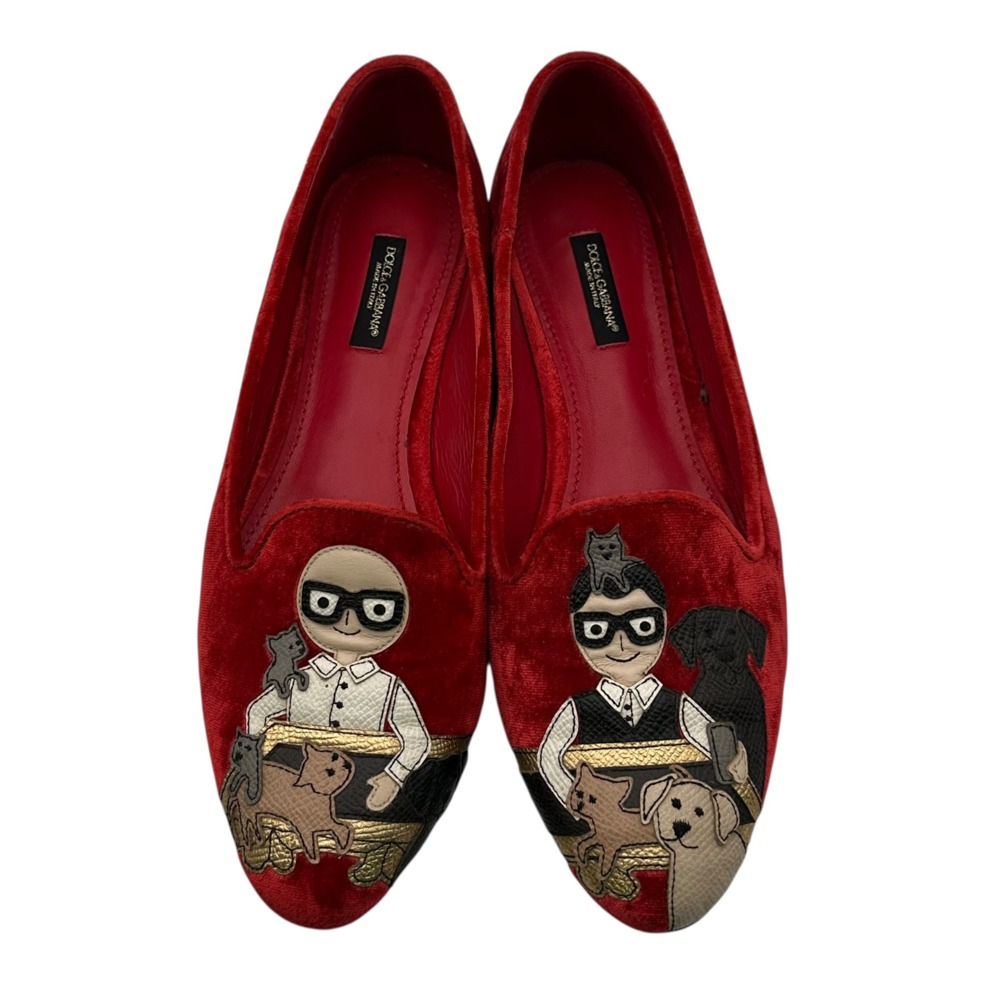 DOLCE&GABBANA(ドルチェ&ガッバーナドルガバ) Human & Dog Patch Velvet Opera Shoes ヒューマン ＆ ドッグ ワッペン ベルベット オペラシューズ 37(23.5cm程度) レッド