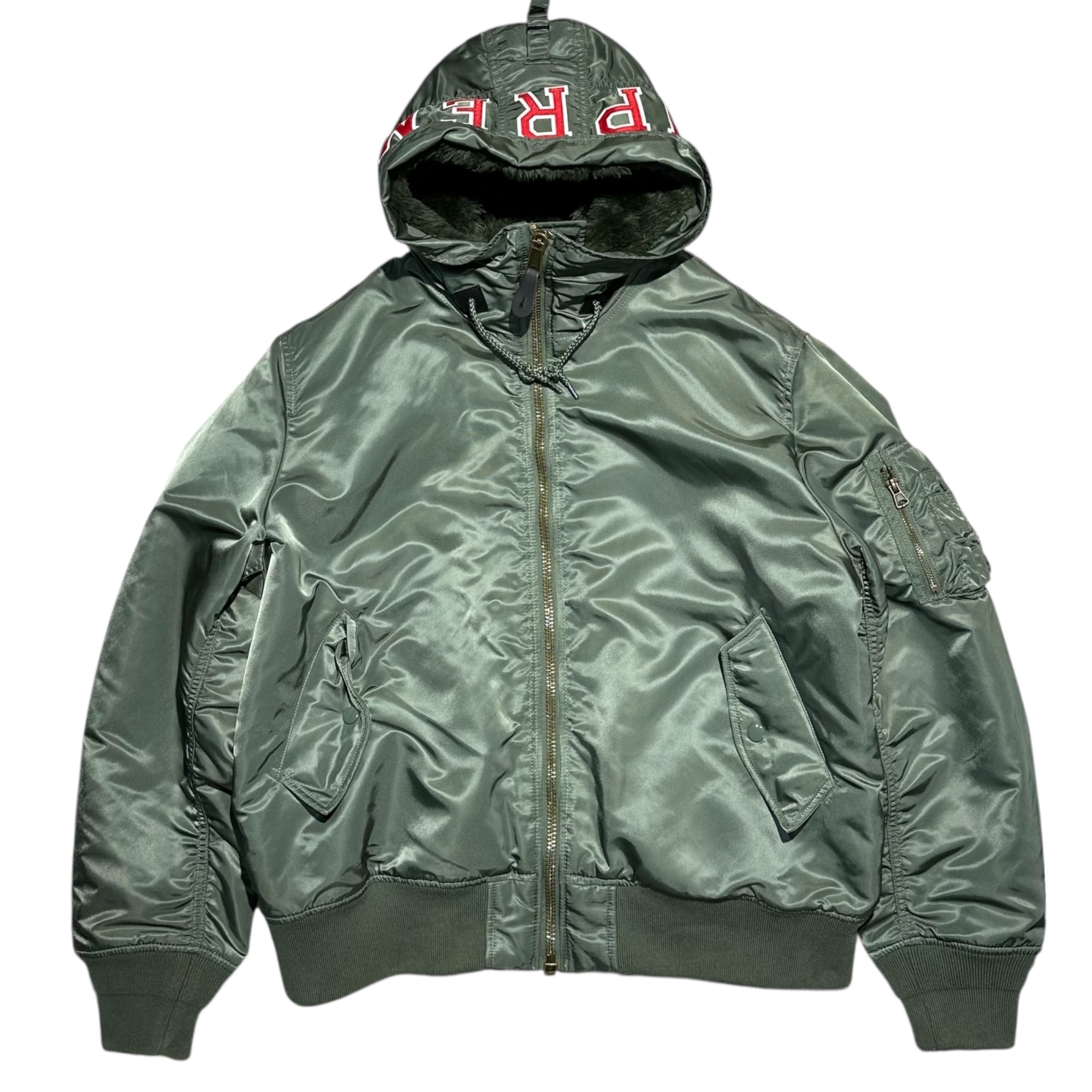 SUPREME(シュプリーム) 21AW Hooded MA-1 フーデット ミリタリー ボンバー ジャケット L オリーブ 21FW ロゴ フライト