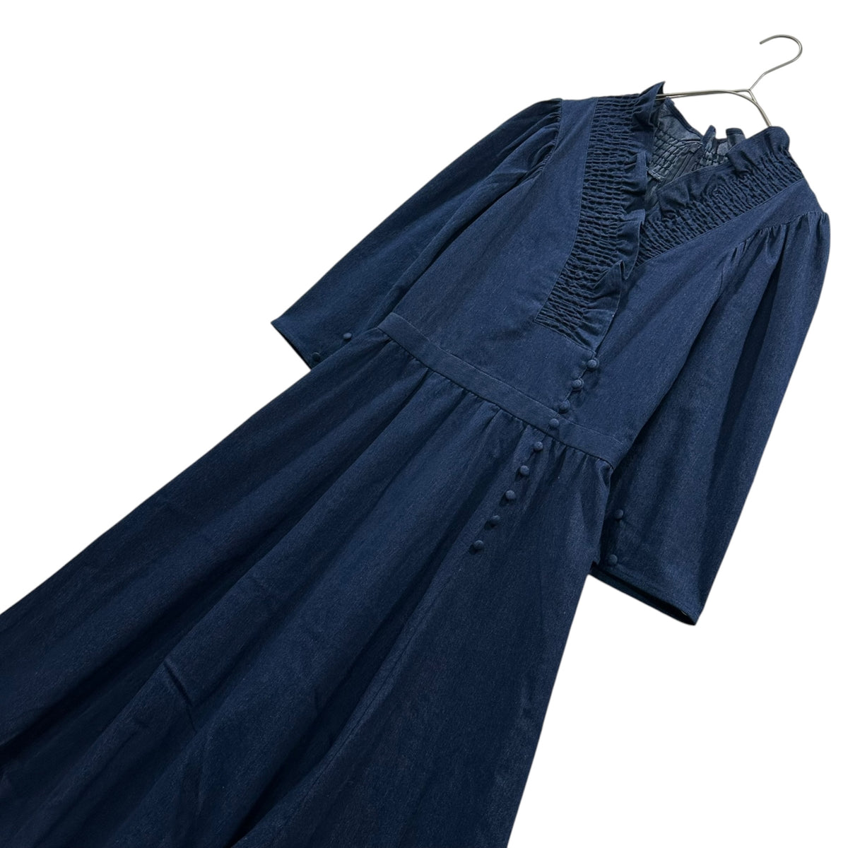 AMRI(アメリ) SHIRRING COLLAR DENIM DRESS シャーリング カラー  デニム ワンピース 02210560180 M インディゴ 長袖
