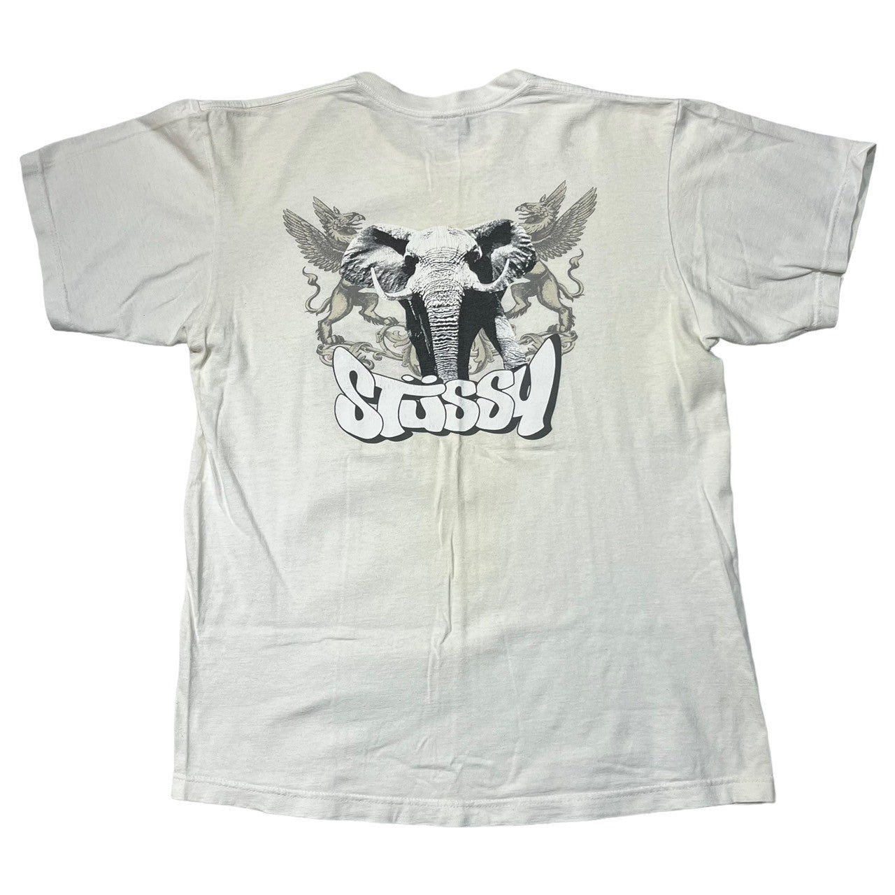 STUSSY(ステューシー) 90's~00's  elephant back print Tシャツ 象 バックプリント 紺タグ SIZE M ホワイト×グレー 90～00年代 OLD STUSSY