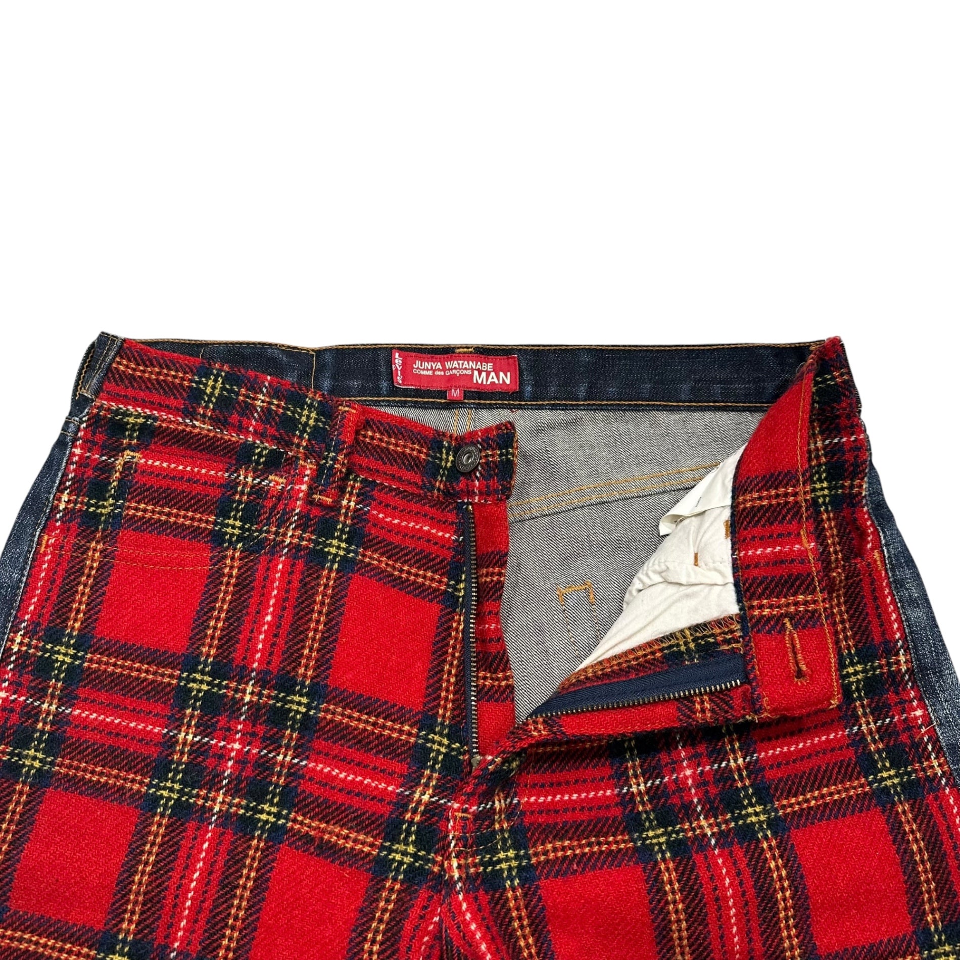 COMME des GARCONS JUNYA WATANABE MAN × Levi's(コムデギャルソンジュンヤワタナベマン × リーバイス) 2002AW Wool Tartan Check Panel Denim Pants ウール タータン チェック 切替 デニム パンツ WG-P049 M レッド×インディゴ AD2002