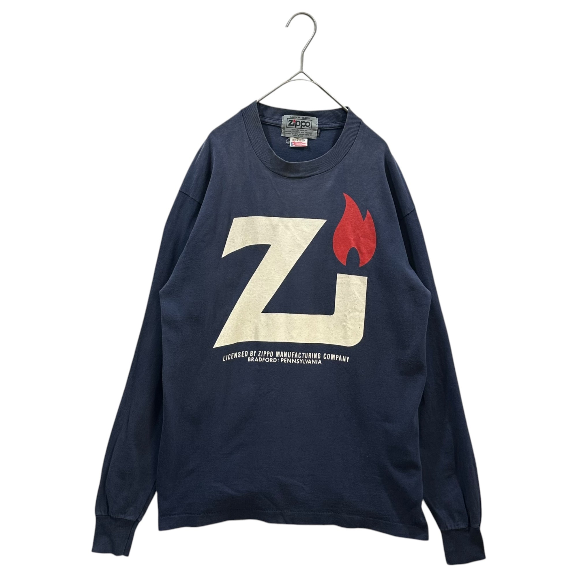 VINTAGE(ヴィンテージ) 90's ZIPPO Print L/S T-Shirt ジッポー プリント 長袖 Tシャツ ロンT M ネイビー フルーツボディ 裾シングルステッチ