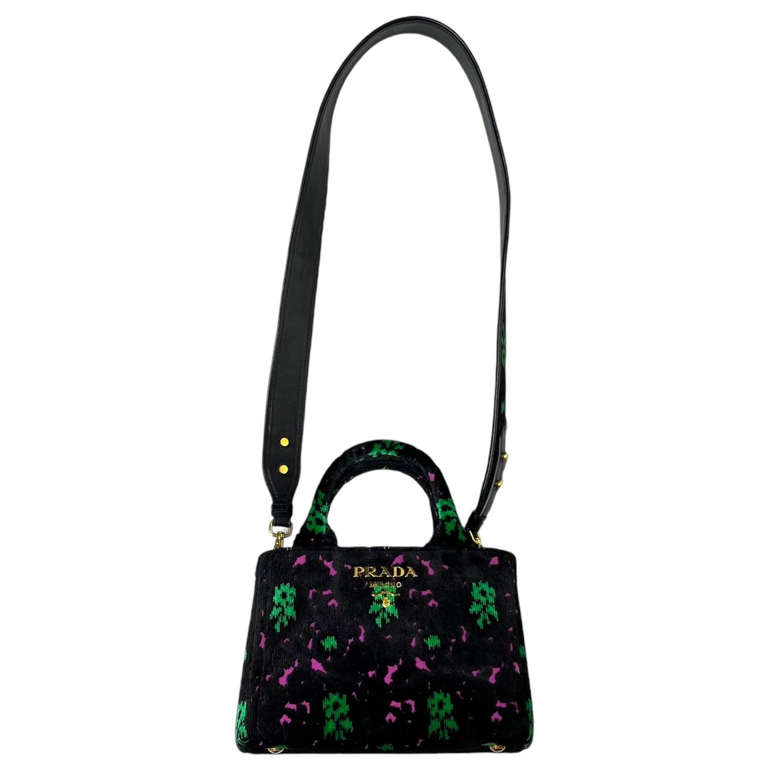 PRADA(プラダ) カナパトート ベロア 2WAY ショルダーバッグ 花柄 トートバッグ ベルベット 1BA038 ブラック×グリーン×ピンク