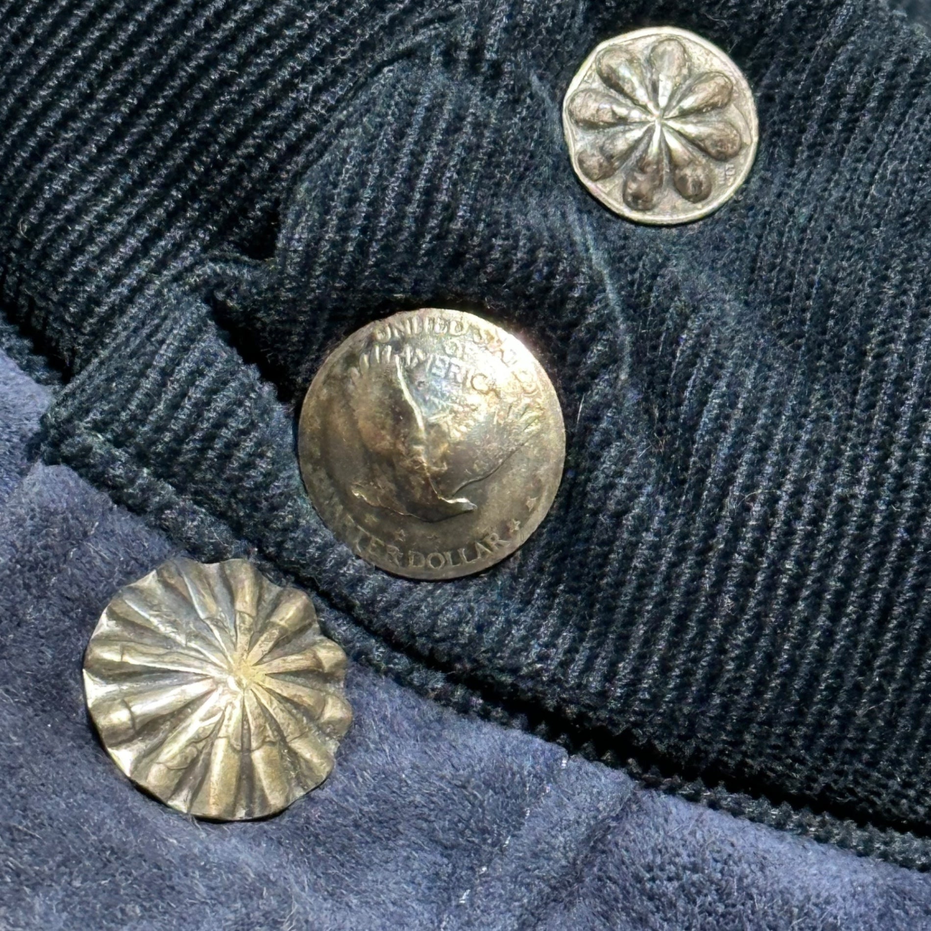 Ron Herman(ロンハーマン) Concho Button Suede Yoke Corduroy Down Jacket コンチョ ボタン スウェード ヨーク コーデュロイ ダウン ジャケット 表記無(Ｍ程度) ネイビー