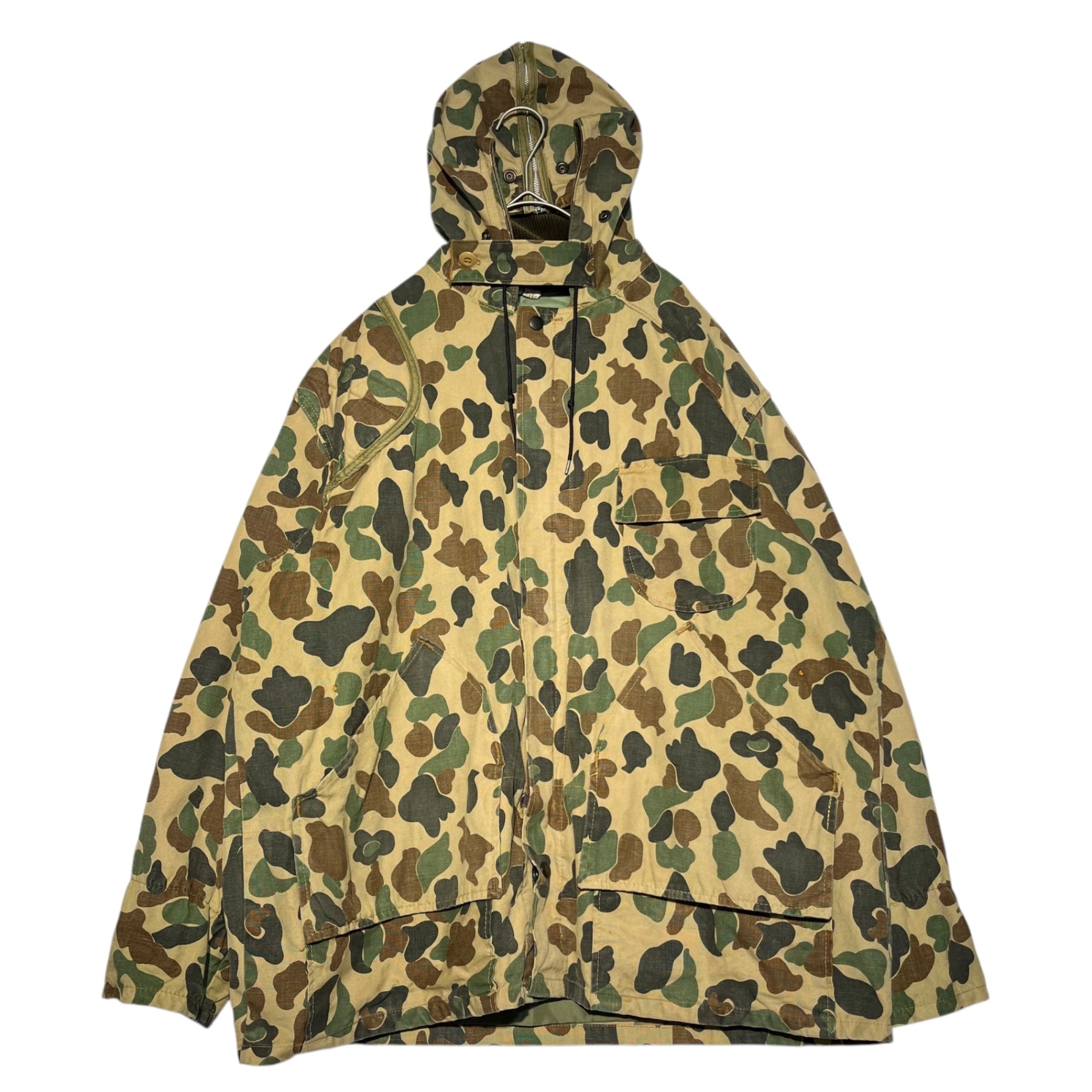 SAFTBAK(サフトバック) 70's~80's Hooded Camo Hunting Jacket フーデッド カモフラ ハンティング ジャケット L程度 カーキ 70年代～80年代 ヴィンテージ 古着 迷彩 コットン