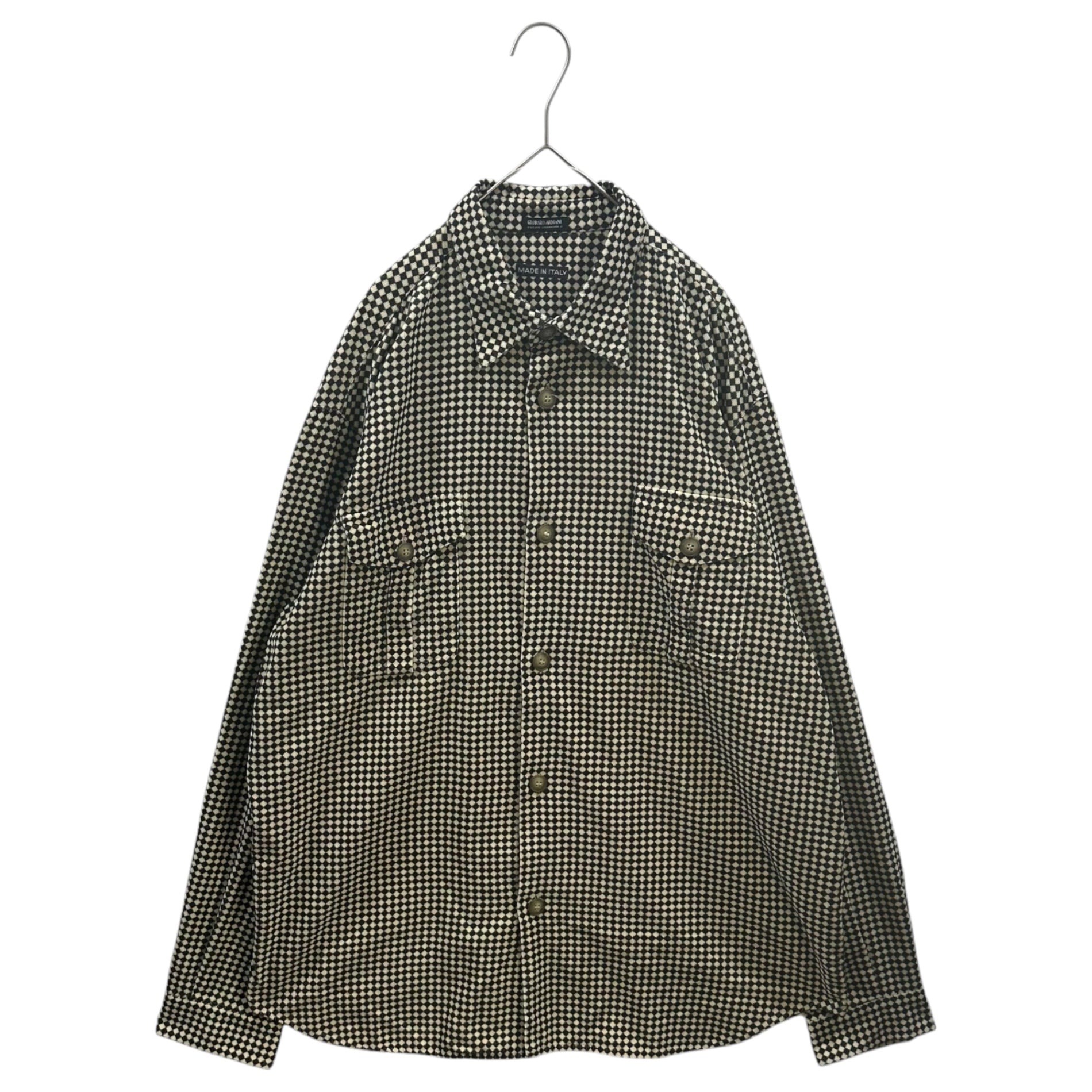 GIORGIO ARMANI(ジョルジオアルマーニ) 1993AW Harlequin Check Corduroy Shirt ハーリキン チェック 細畝 コーデュロイ シャツ 52(XL程度) ブラック×アイボリー 90's 90年代 ヴィンテージ