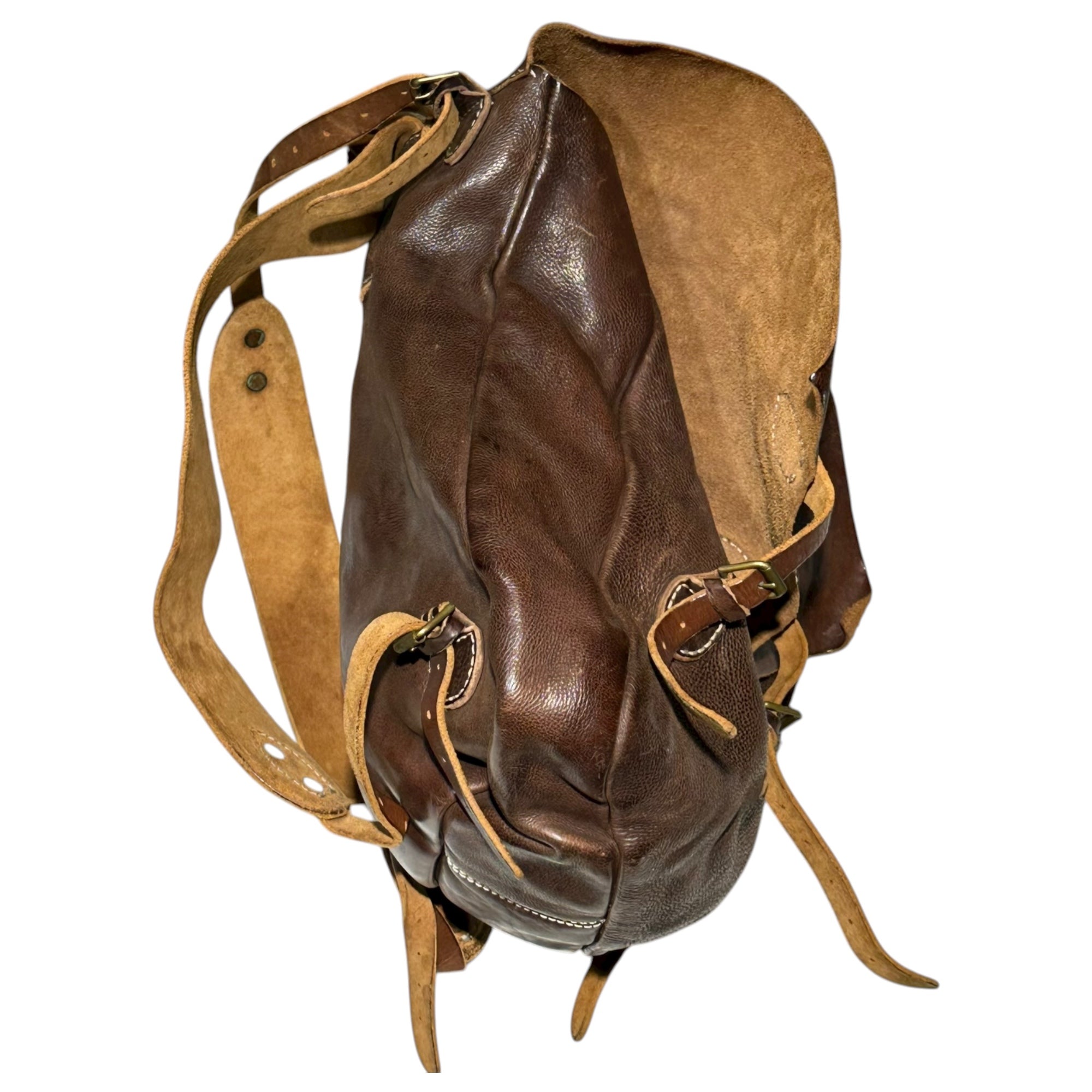 RRL(ダブルアールエル) Vintage-Processed Triple-Strap All-Leather Backpack Daypack ヴィンテージ加工 3連 ベルト オールレザー リュック デイパック ブラウン