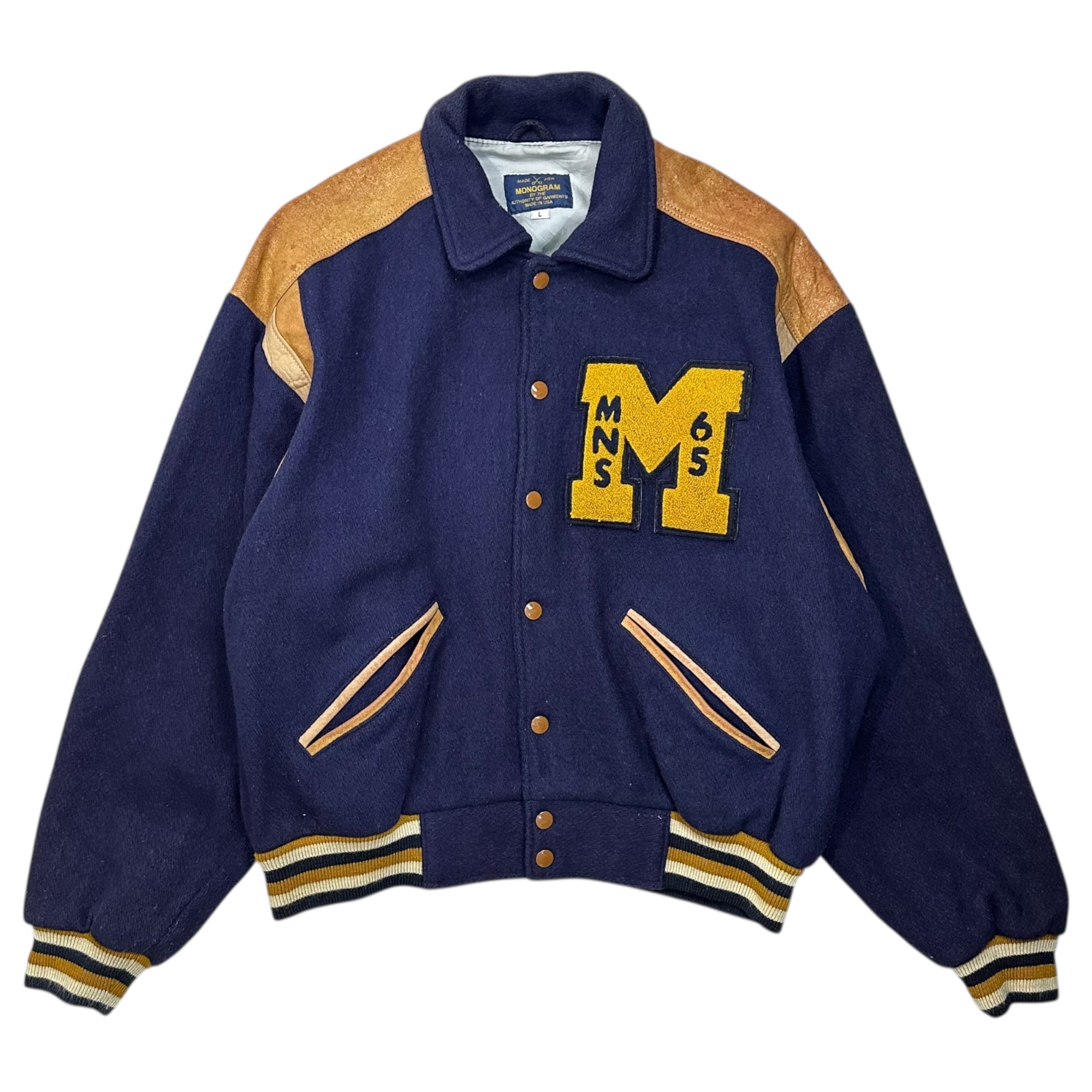 MONOGRAM(モノグラム) Leather Patchwork Bomber Jacket レザー 切替 スタジャン L ネイビー×ブラウン