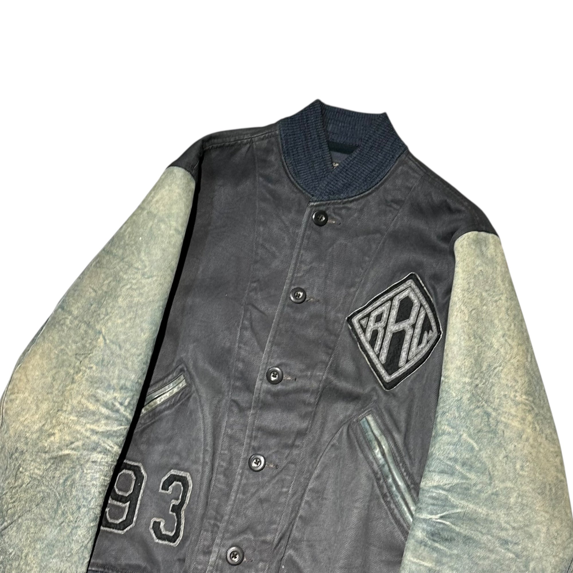 RRL(ダブルアールエル) Vintage-Processed Indigo Leather Sleeve Varsity Jacket ヴィンテージ加工 インディゴ レザースリーブ バーシティ ジャケット  S ブラック×インディゴ