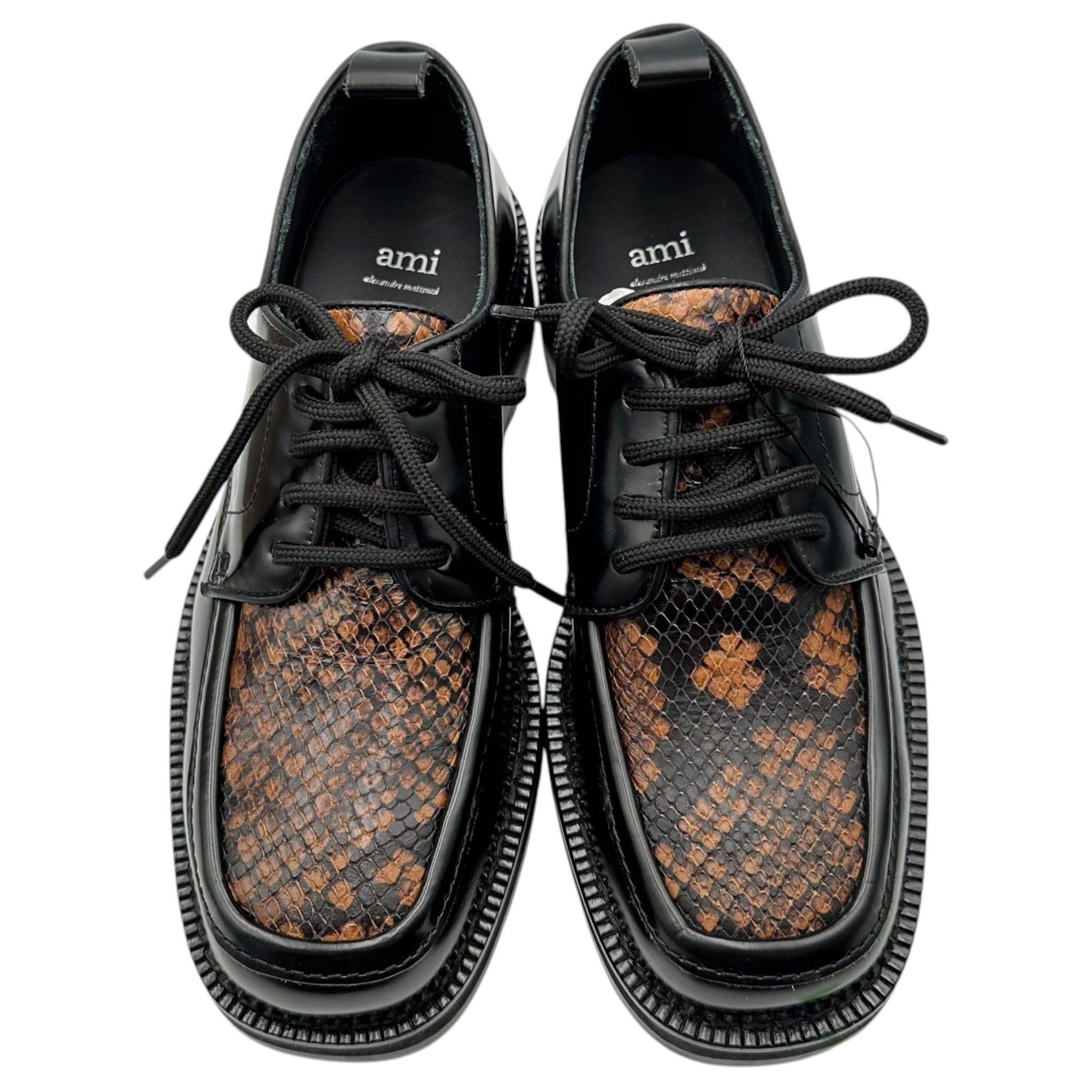 AMI PARIS(アミパリス) Square-Toe Shoes with Python Accents パイソン 切替 スクエアトゥ レザー シューズ 40(25.0～25.5cm程度) ブラック×ブラウン