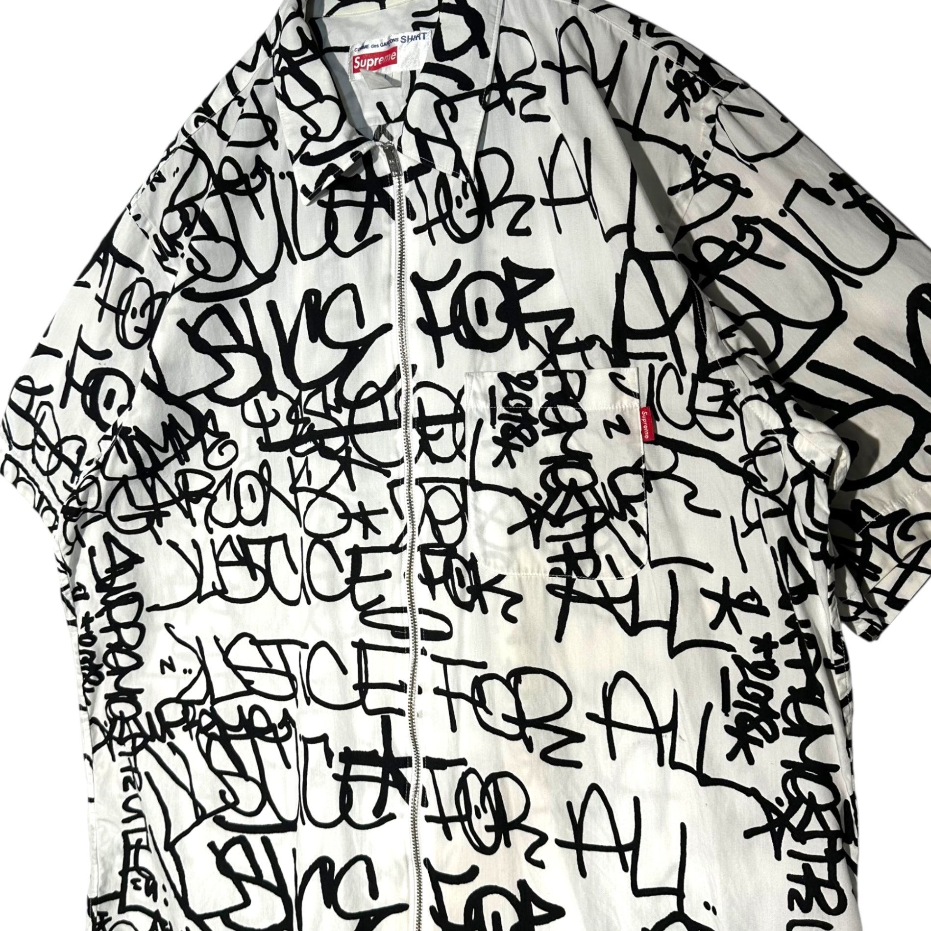 Supreme×COMME des GARCONS SHIRT(シュプリーム×コムデギャルソンシャツ) 18AW Graphic S/S Shirt コムデギャルソンシャツ グラフィック ジップアップ 半袖 シャツ S1FW18 L ホワイト×ブラック 18FW コラボアイテム