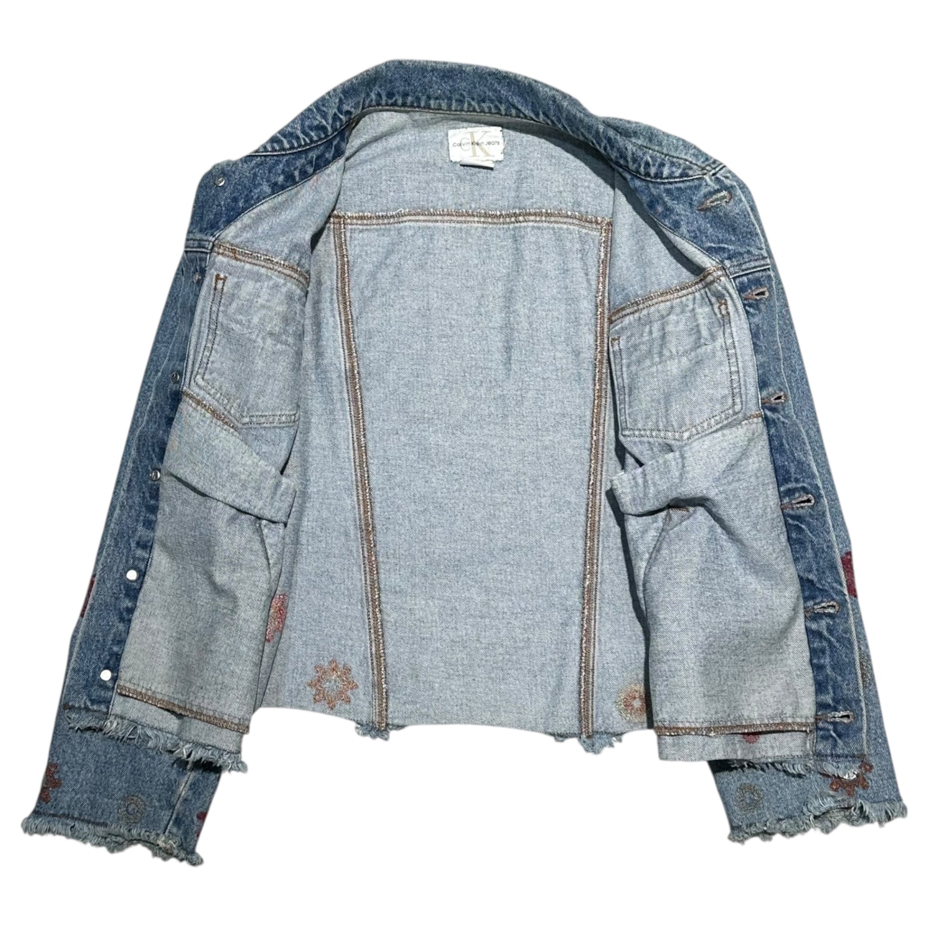 Calvin Klein Jeans(カルバンクラインジーンズ) 90~00's Flower Stitch Remake Raw-Edge Denim Jacket 花 ステッチ リメイク 切りっ放し デニム ジャケット ライトインディゴ