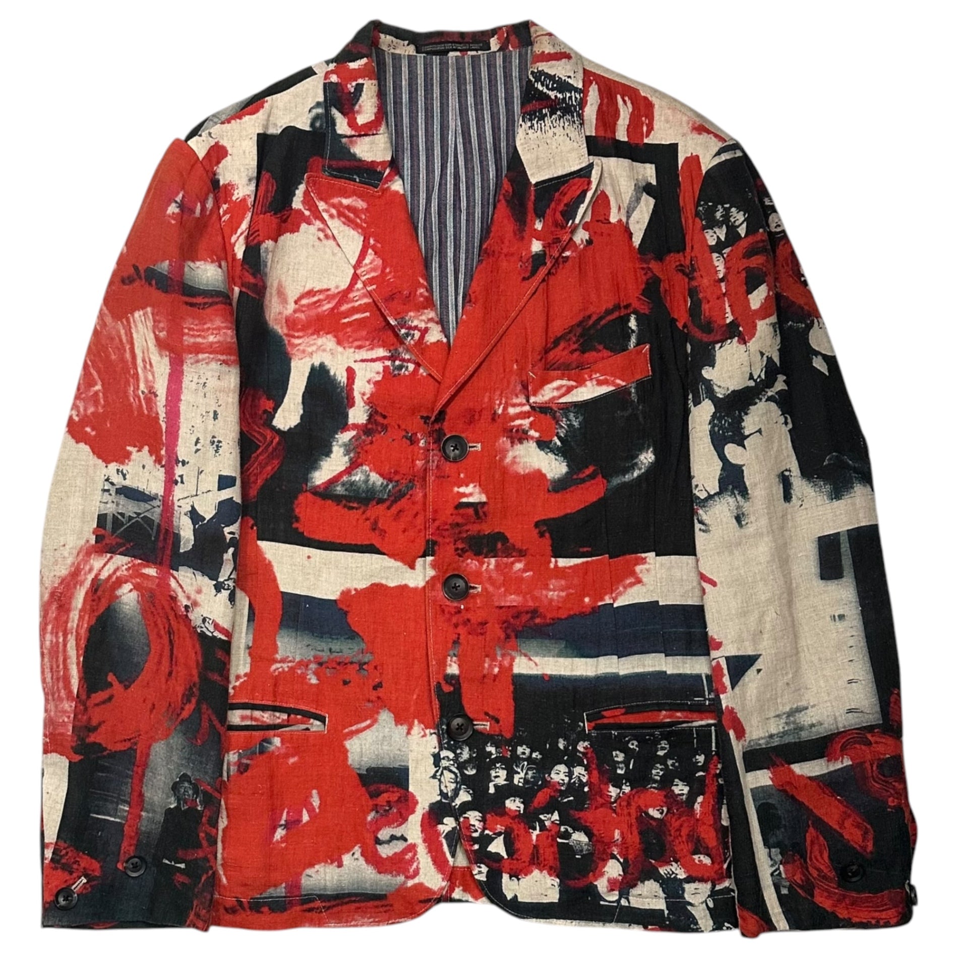 YOHJI YAMAMOTO POUR HOMME(ヨウジヤマモトプールオム) 2018SS Collage Print 3B Linen Jacket コラージュ プリント 3ボタン リネン ジャケット HW-J50-321 2(M程度) レッド×ネイビー×ベージュ 2018春夏コレクション LOOK21