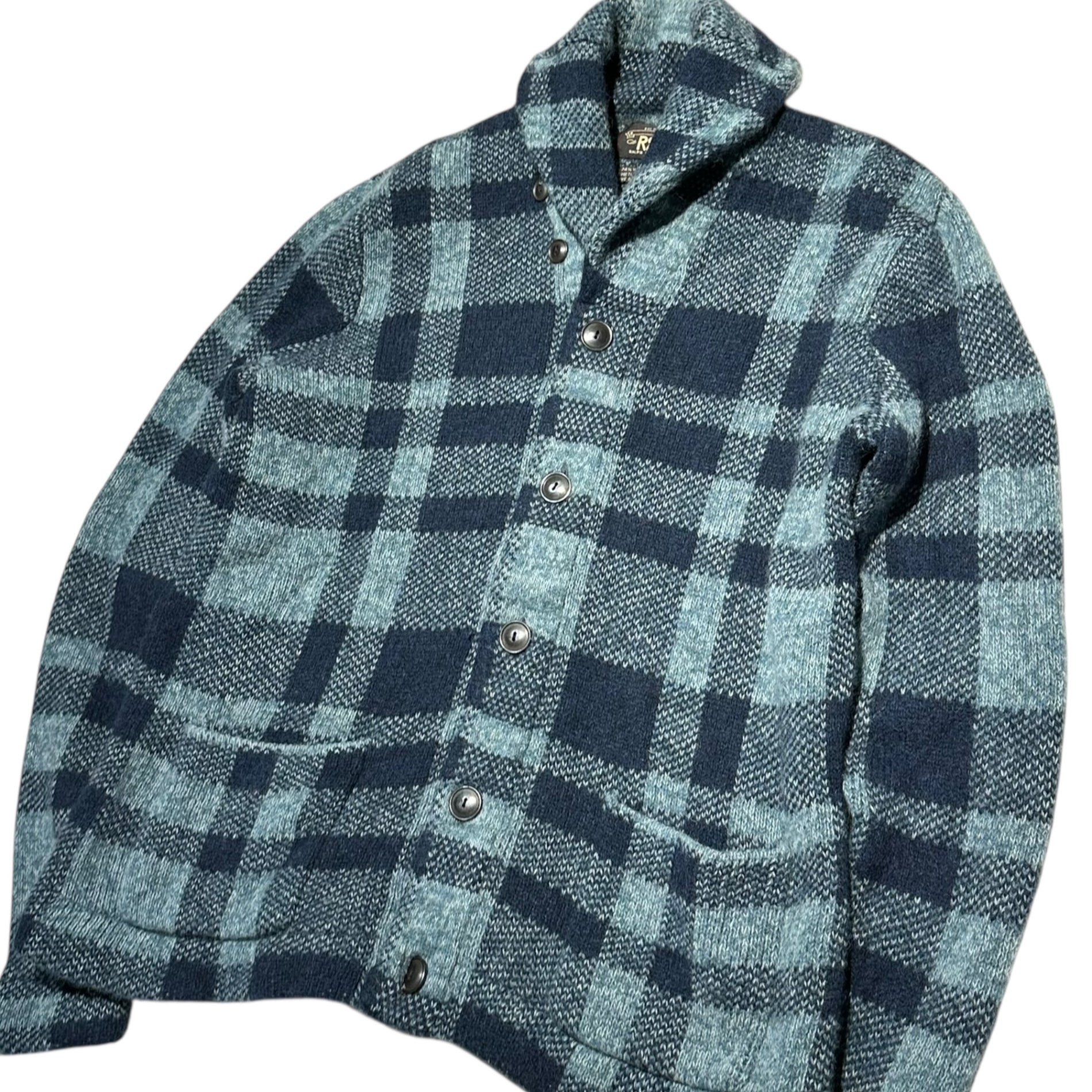 RRL(ダブルアールエル) Shetland Wool Shawl Collar Check Knit Cardigan シェットランドウール ショールカラー チェック ニット カーディガン L ブルー×ネイビー 海外購入品