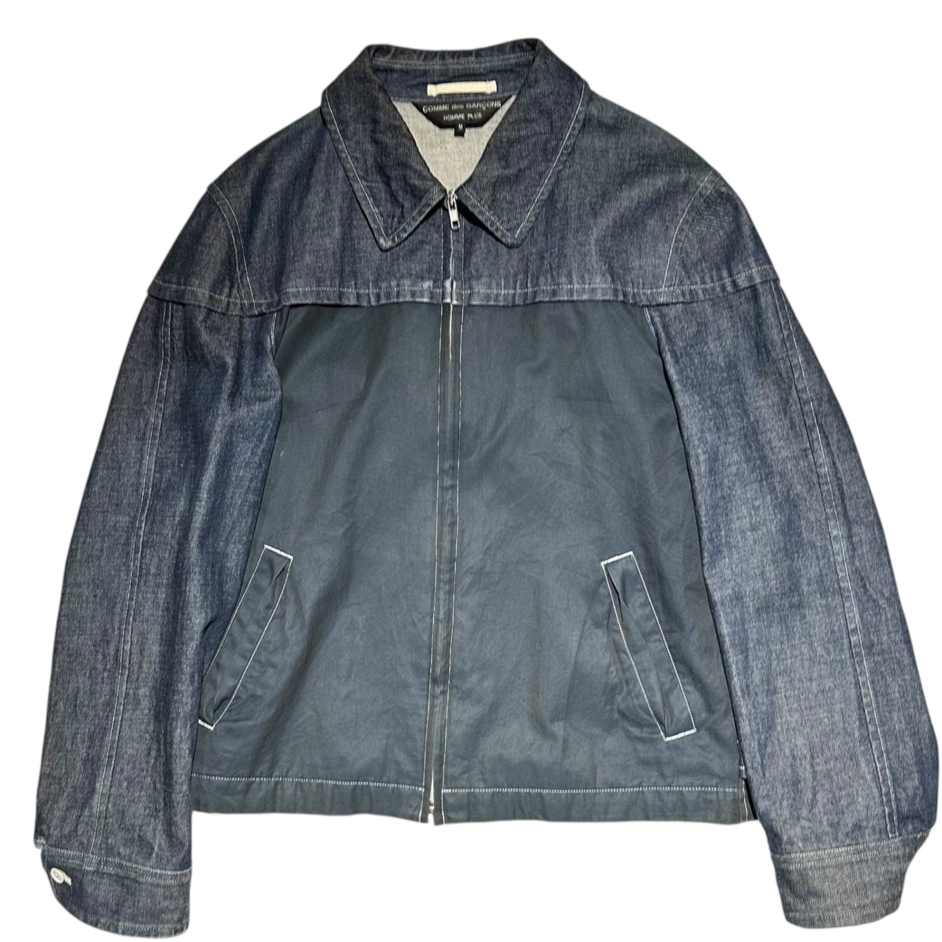 COMME des GARCONS HOMME PLUS(コムデギャルソンオムプリュス) 02SS Fluorescent denim cut zip-up swing top jacket 蛍光期 デニム 切替 ジップアップ スイングトップ ジャケット PE-J086 M インディゴ×ブラック AD2001