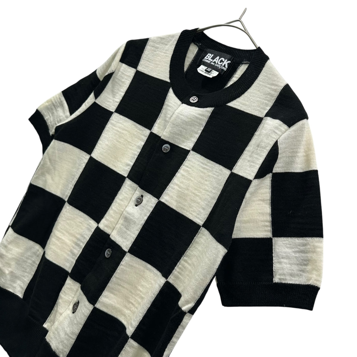 BLACK COMME des GARCONS(ブラックコムデギャルソン) 2009SS Checkered Pattern Short-Sleeve Wool Cardigan チェッカーフラッグ チェック 半袖 ウール カーディガン 1C-N004 XS ホワイト×ブラック AD2008 00s アーカイブ