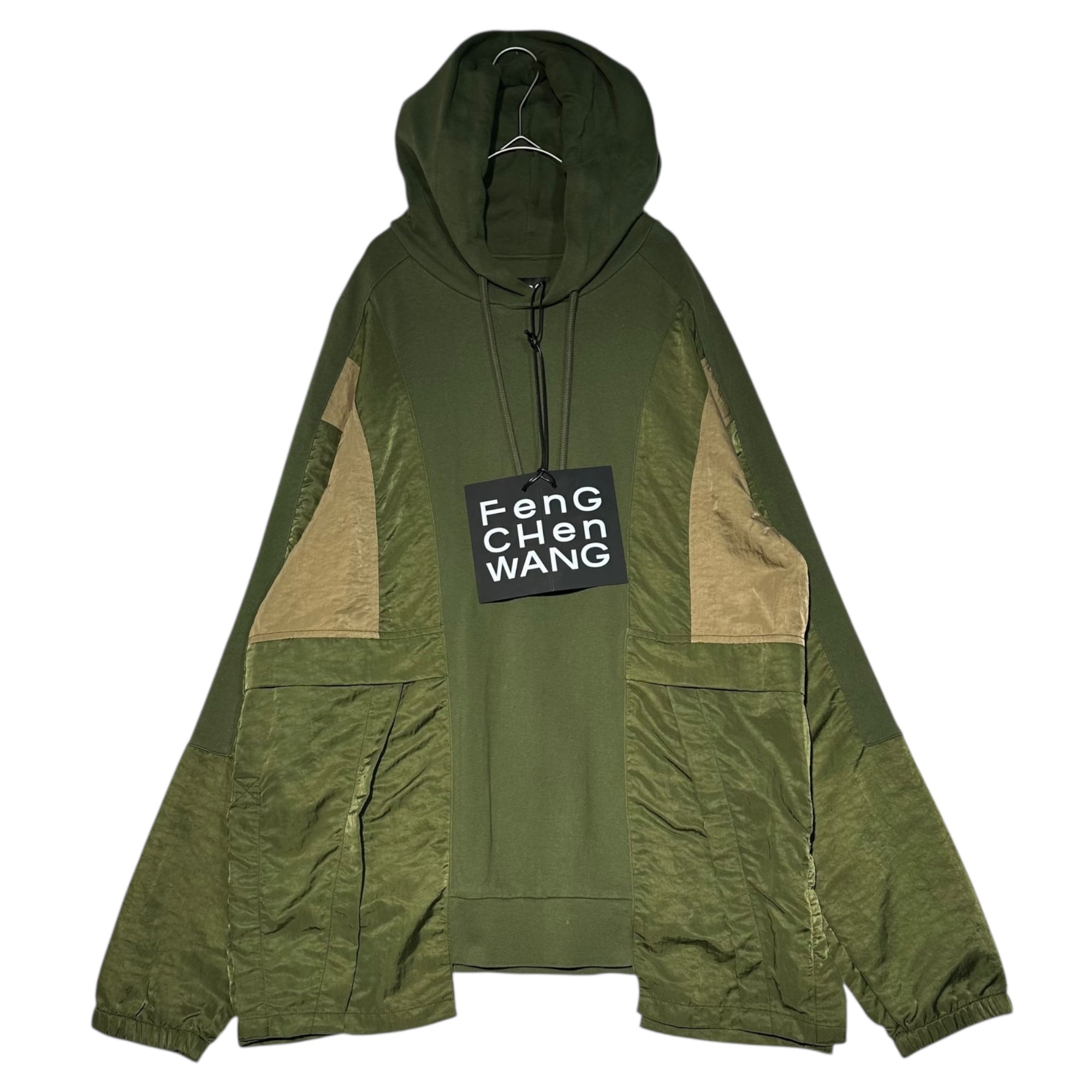 Feng Chen Wang(フェンチェンワン) Nylon Military Reconstructed Hoodie ナイロン ミリタリー 再構築 パーカー FF10HOO406 M オリーブ×カーキ プルオーバー 切替