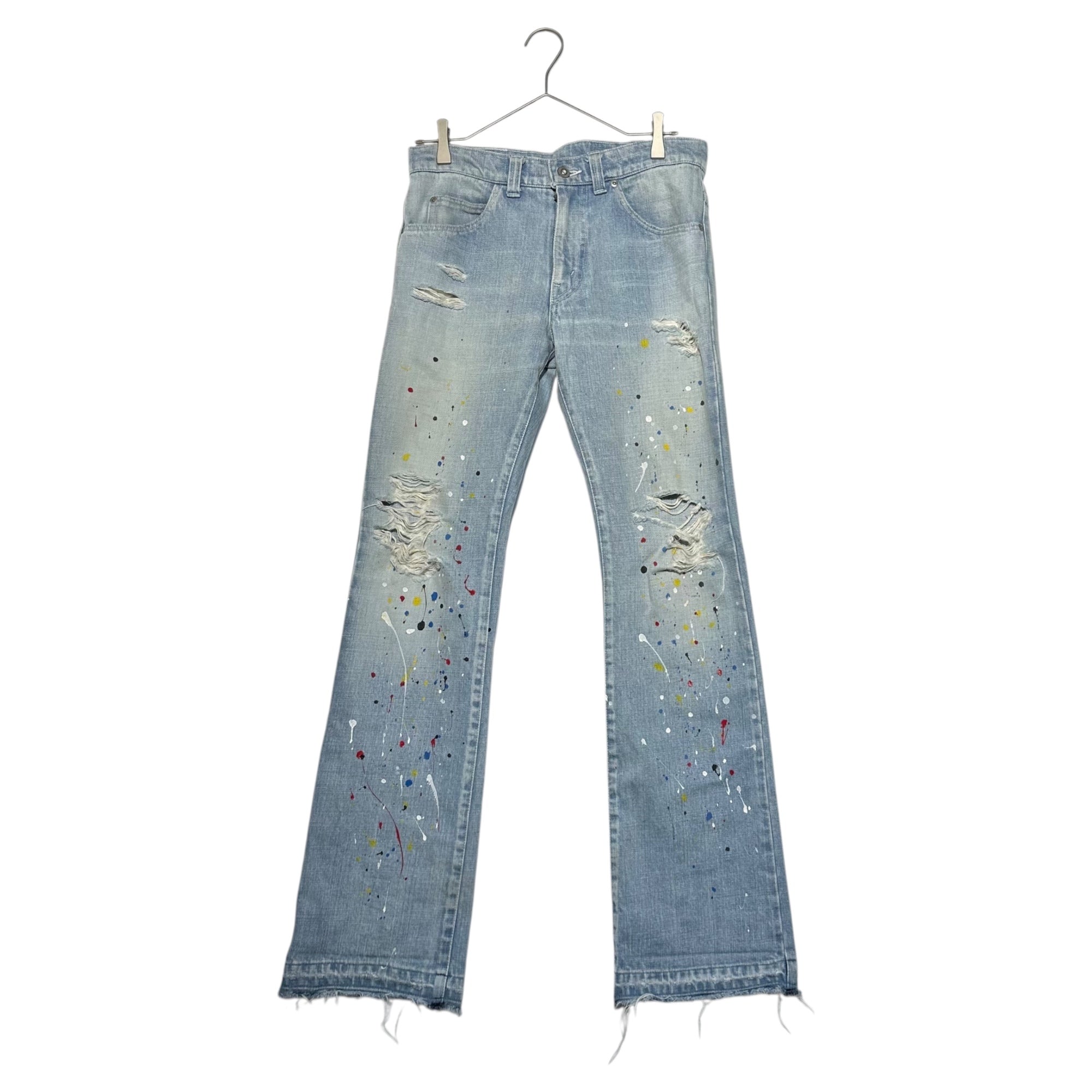 SKINS(スキンズ) Painted Flared Denim Pants ペンキ ダメージ 加工 フレア デニム パンツ 2(M程度) ライトインディゴ 日本製