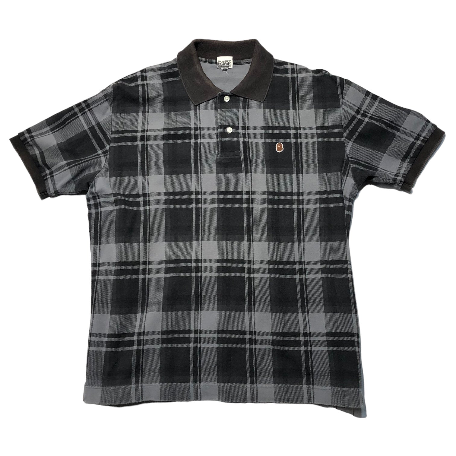 A BATHING APE(アベイシングエイプ) 00's One point logo check polo shirt ワンポイント ロゴ チェック ポロ シャツ L ブラック×グレー