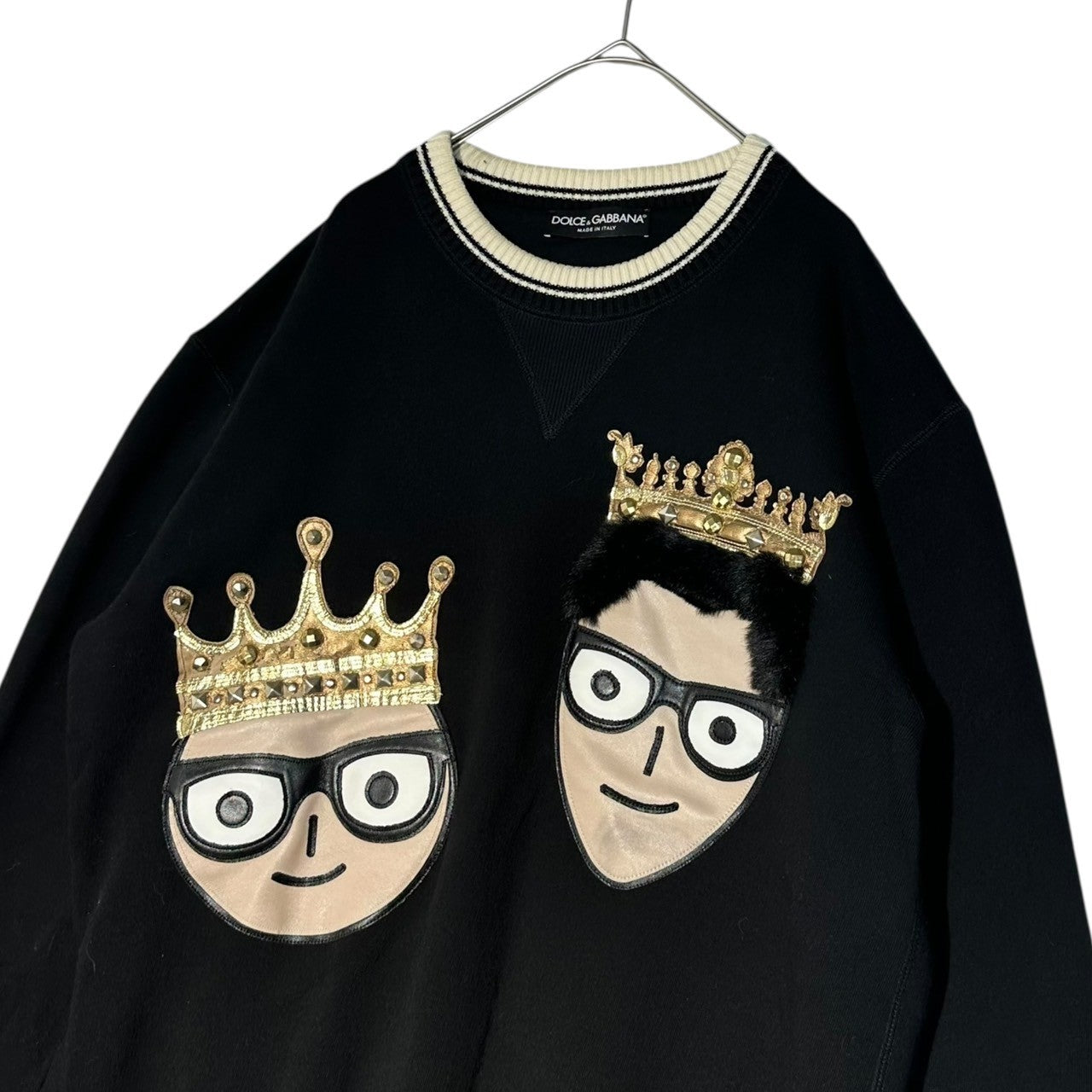 DOLCE&GABBANA(ドルチェ&ガッバーナドルガバ) ”#dgfamily” Face Leather Patch Sweatshirt フェイス レザー ワッペン スウェット  G9JJ6Z G7LSY 46(S程度) ブラック