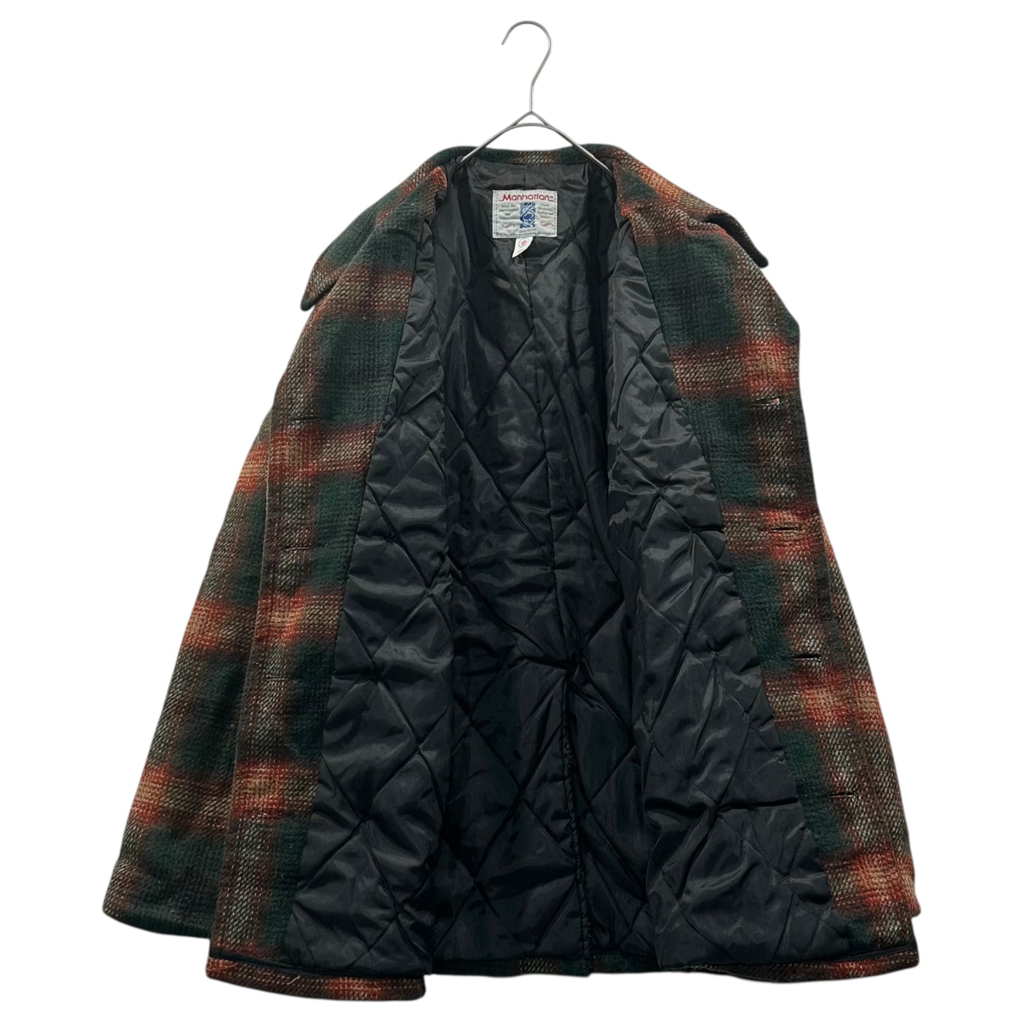 Manhhattan(マンハッタン) 80's Ombre Check Double-Lined Coat 80年代 オンブレ チェック ダブル 中綿 コート  M グリーン×オレンジ Vintage ヴィンテージ 古着