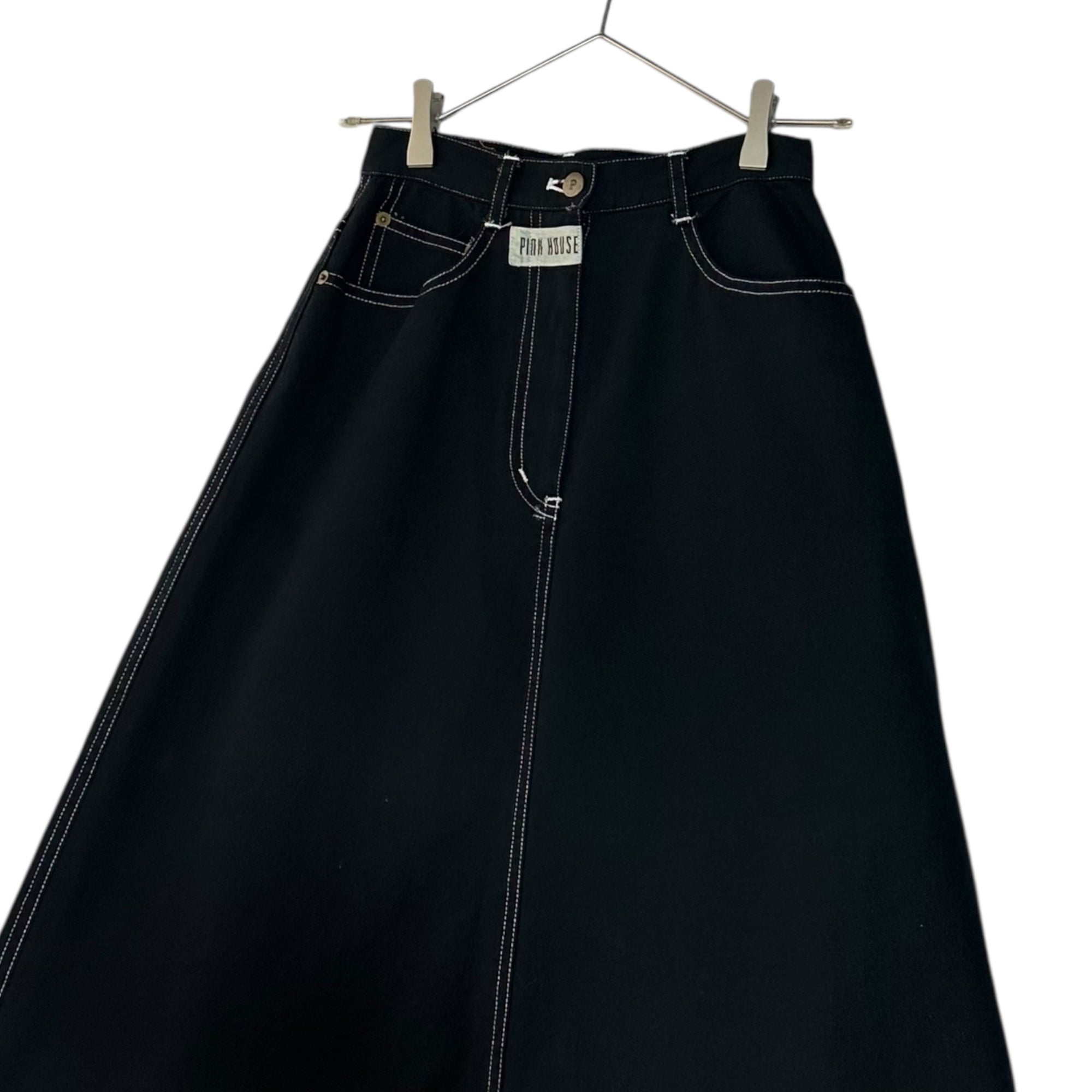 PINK HOUSE(ピンクハウス) 00's Logo Patchwork Long Denim Skirt ロゴ パッチワーク ロング デニム スカート 表記無(S程度) ブラック ワッペン マキシ