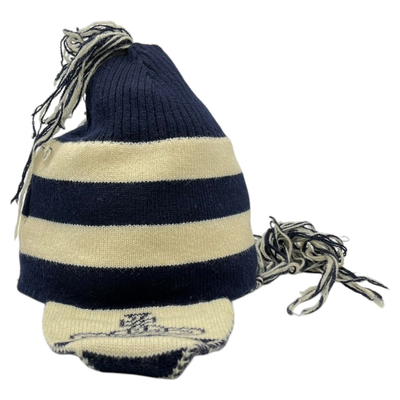 Vivienne Westwood CHAPEAUX(ヴィヴィアンウエストウッド) 00's Original knit hat with ear flaps オリジナル 耳当て付き ニット帽 ネイビー×ホワイト Y2K ムーンバット