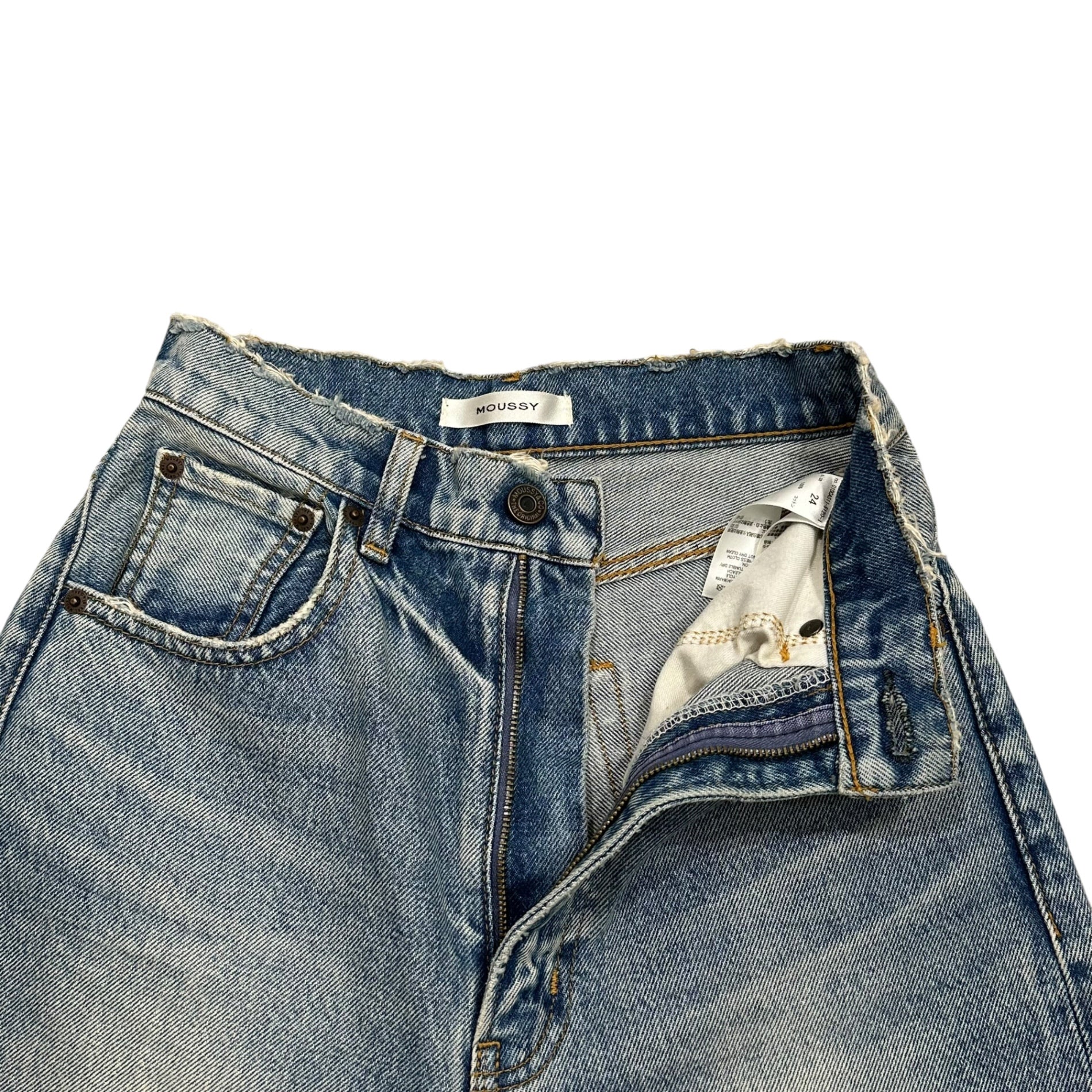 moussy(マウジー) 19AW HIGH WAIST DAMAGE LOOSE STRAIGHT DENIM PANTS ハイウエスト ダメージ ルーズ ストレート デニム パンツ 010CAS11-5120-1 24 ライトインディゴ