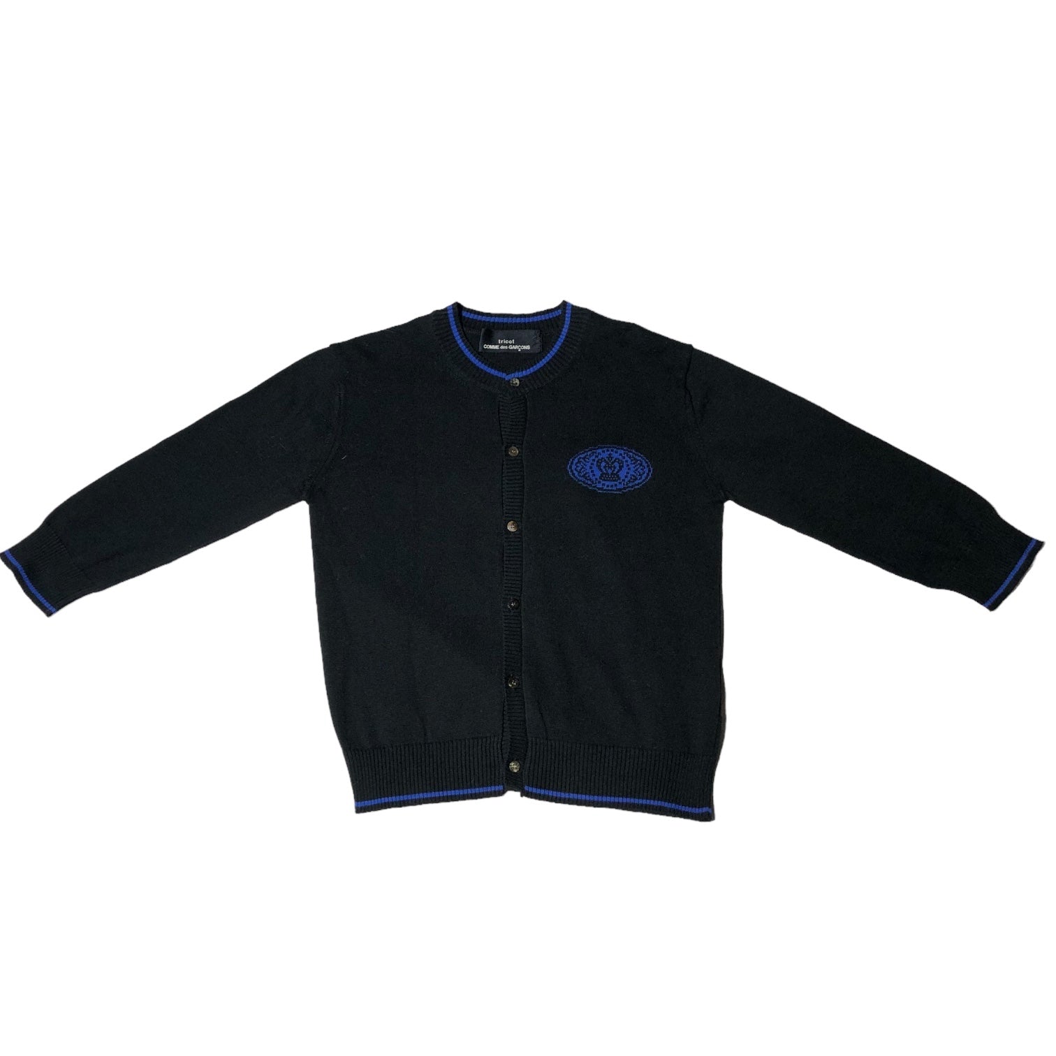 tricot COMME des GARCONS(トリココムデギャルソン) 02SS crew neck cotton cardigan クルーネック コットン カーディガン TF-N012 表記無し(M程度) ブラック×ブルー AD2002 ニット 王冠 ロゴ