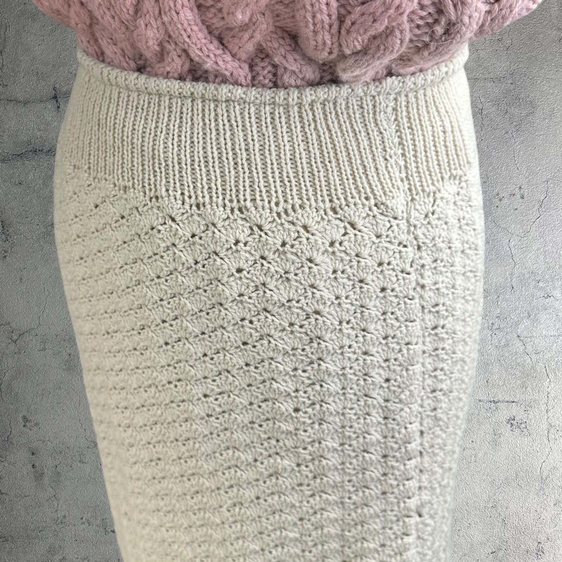 Euro vintage(ヨーロッパヴィンテージ) 70's Mont Blanc_ami ami lace knit skirt ニットレース編みスカート 表記無し(Mサイズ程度) ベージュ / 後見頃裾に汚れ有
